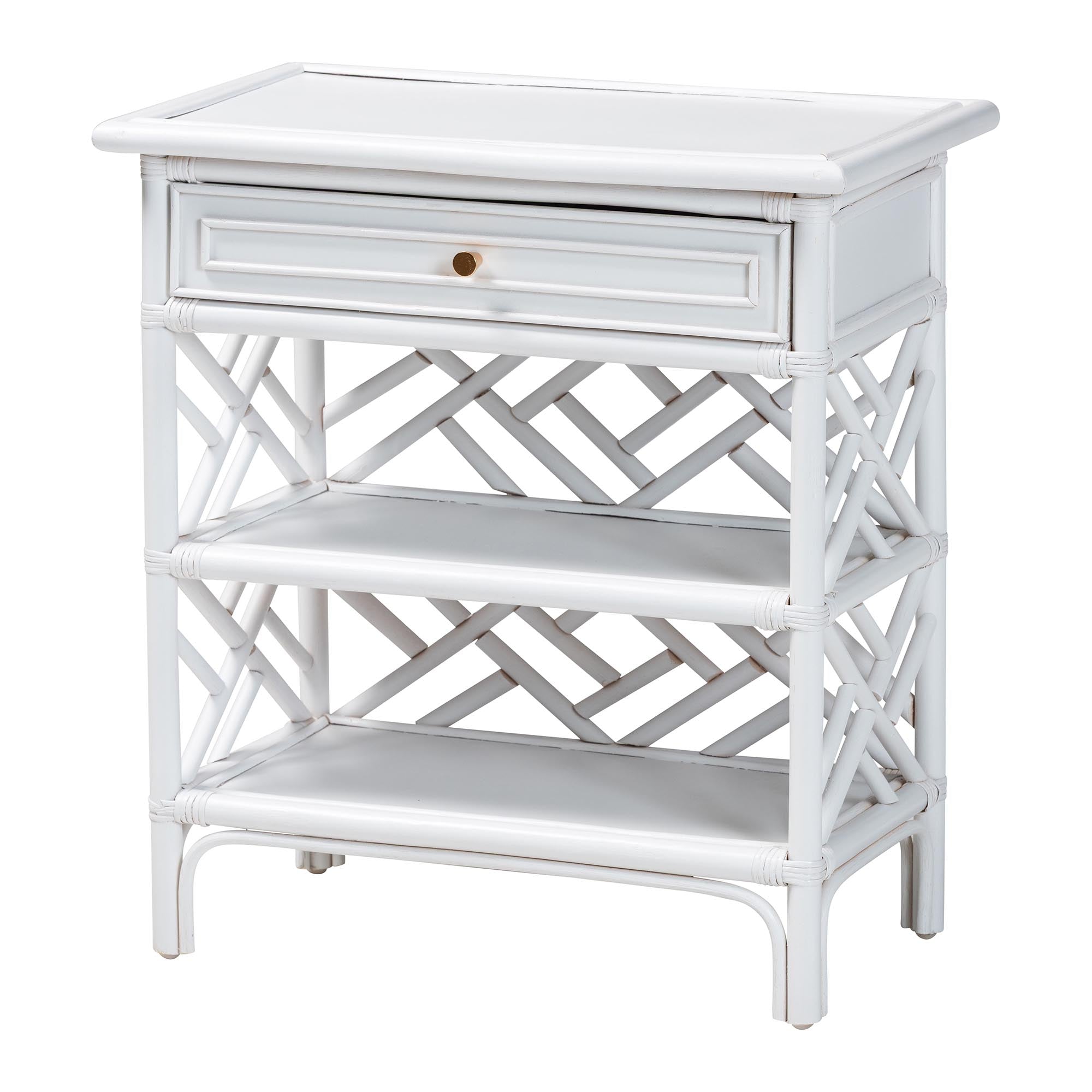 bali & pari Tiaret Natural Rattan Nightstand with Drawer and Shelves - Chippendale-Style Bedside Table for Bedroom or Coastal Living Spaces, White