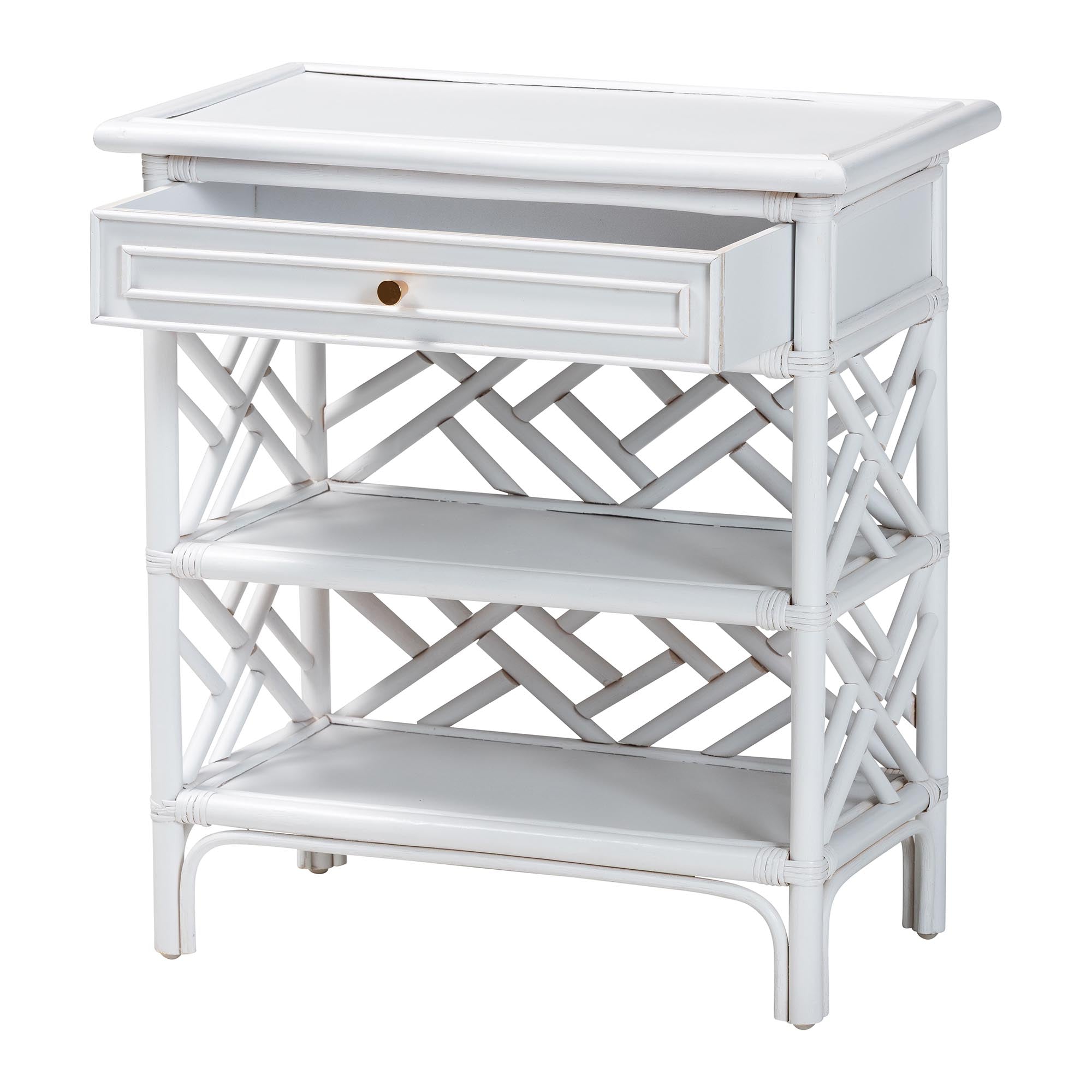 bali & pari Tiaret Natural Rattan Nightstand with Drawer and Shelves - Chippendale-Style Bedside Table for Bedroom or Coastal Living Spaces, White