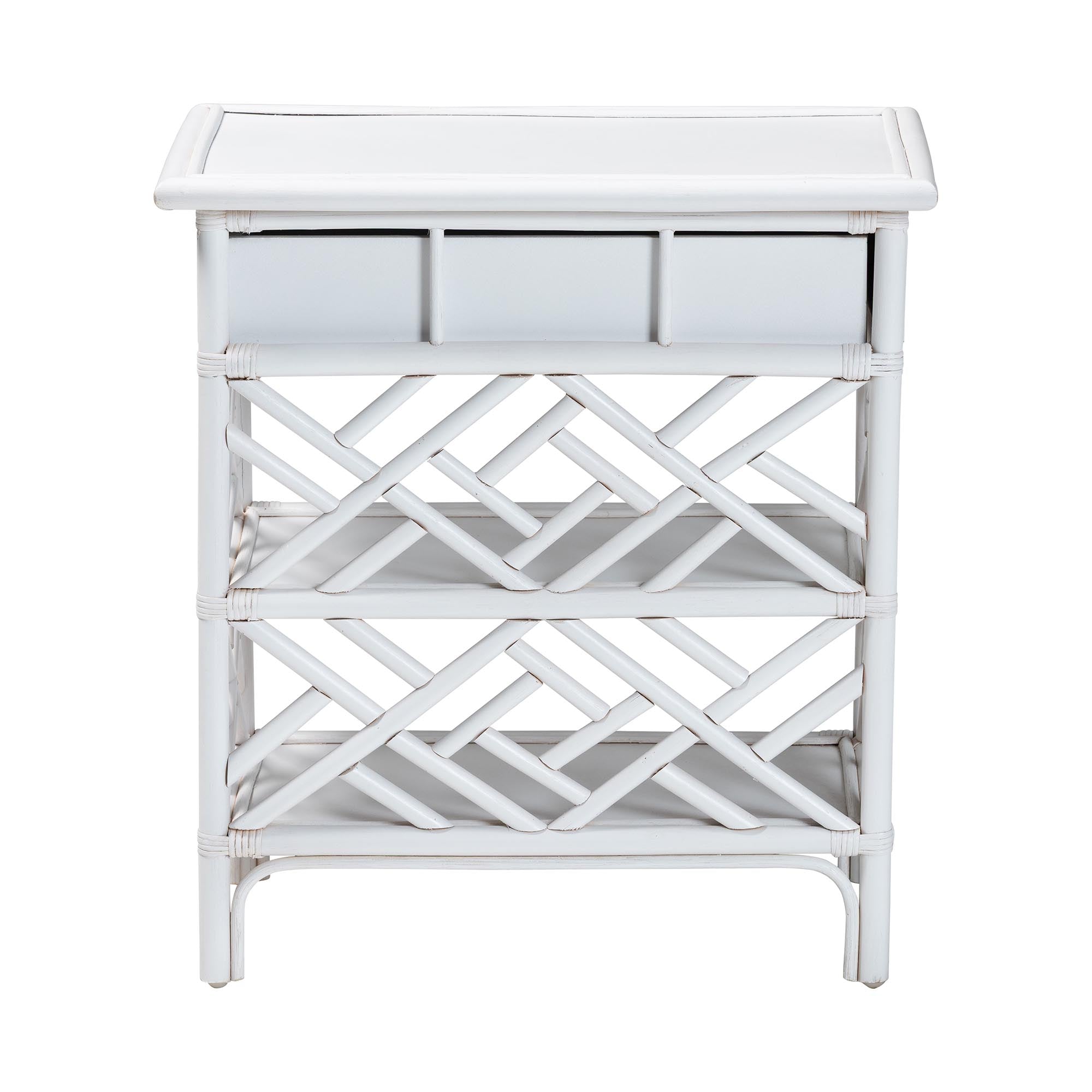 bali & pari Tiaret Natural Rattan Nightstand with Drawer and Shelves - Chippendale-Style Bedside Table for Bedroom or Coastal Living Spaces, White