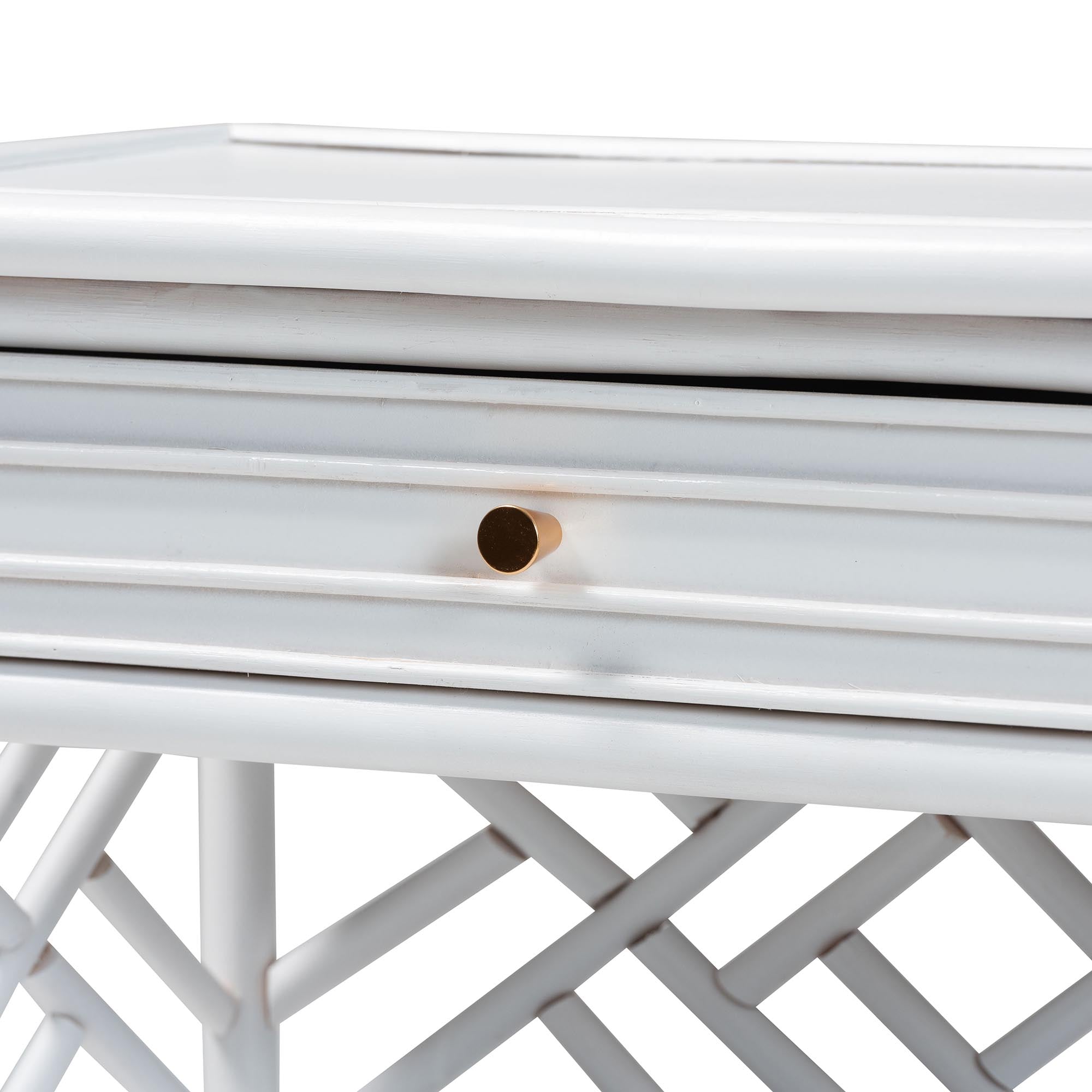 bali & pari Tiaret Natural Rattan Nightstand with Drawer and Shelves - Chippendale-Style Bedside Table for Bedroom or Coastal Living Spaces, White