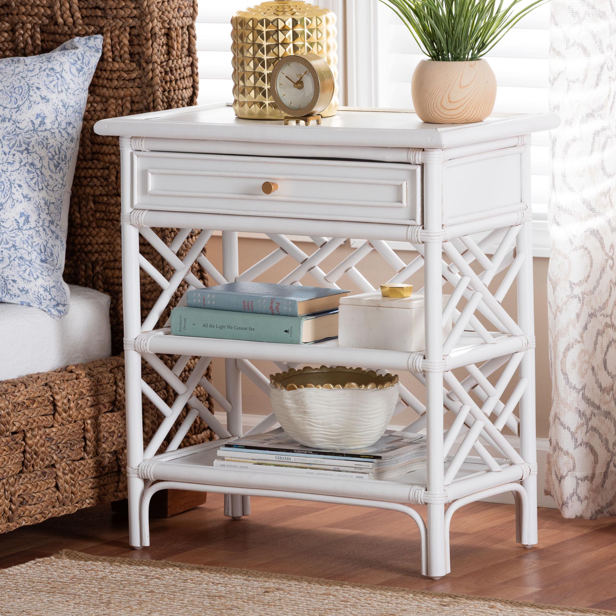 bali & pari Tiaret Natural Rattan Nightstand with Drawer and Shelves - Chippendale-Style Bedside Table for Bedroom or Coastal Living Spaces, White