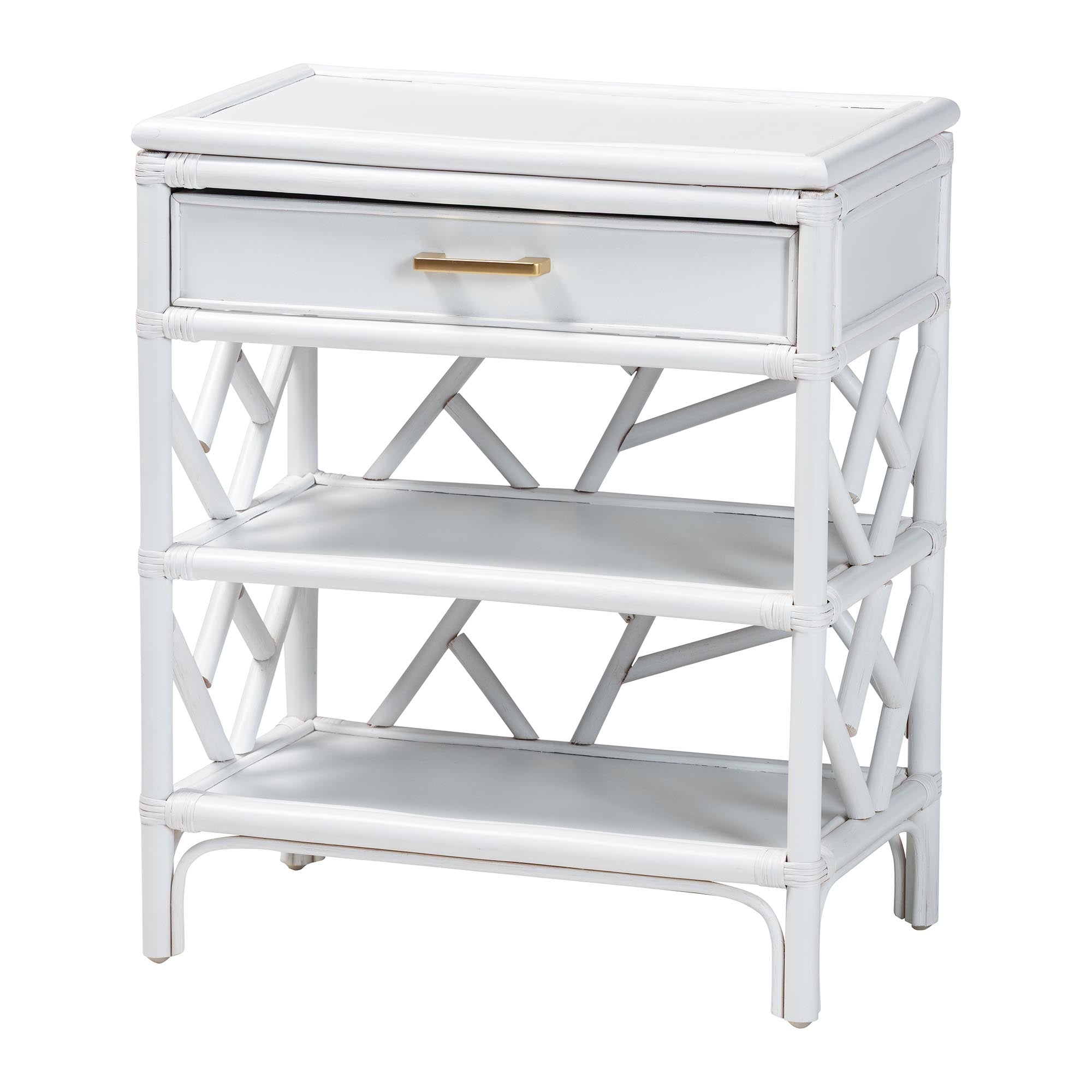 Daina Natural Rattan Nightstand with Drawer and Open Shelves- Coastal Bedside Table with Geometric Design, White