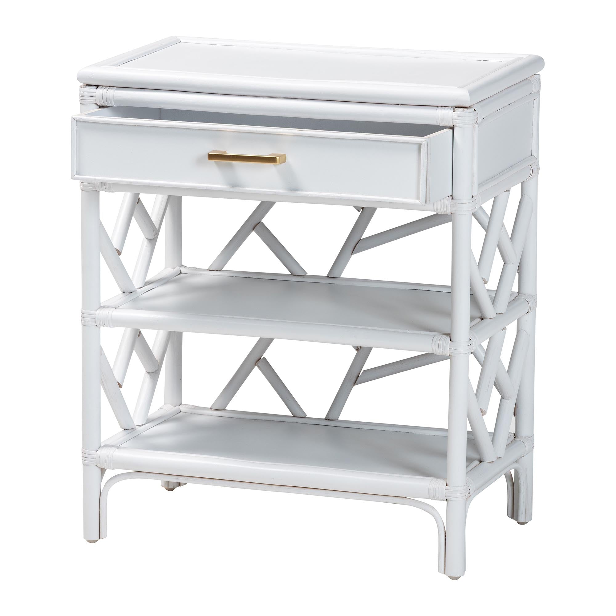 Daina Natural Rattan Nightstand with Drawer and Open Shelves- Coastal Bedside Table with Geometric Design, White