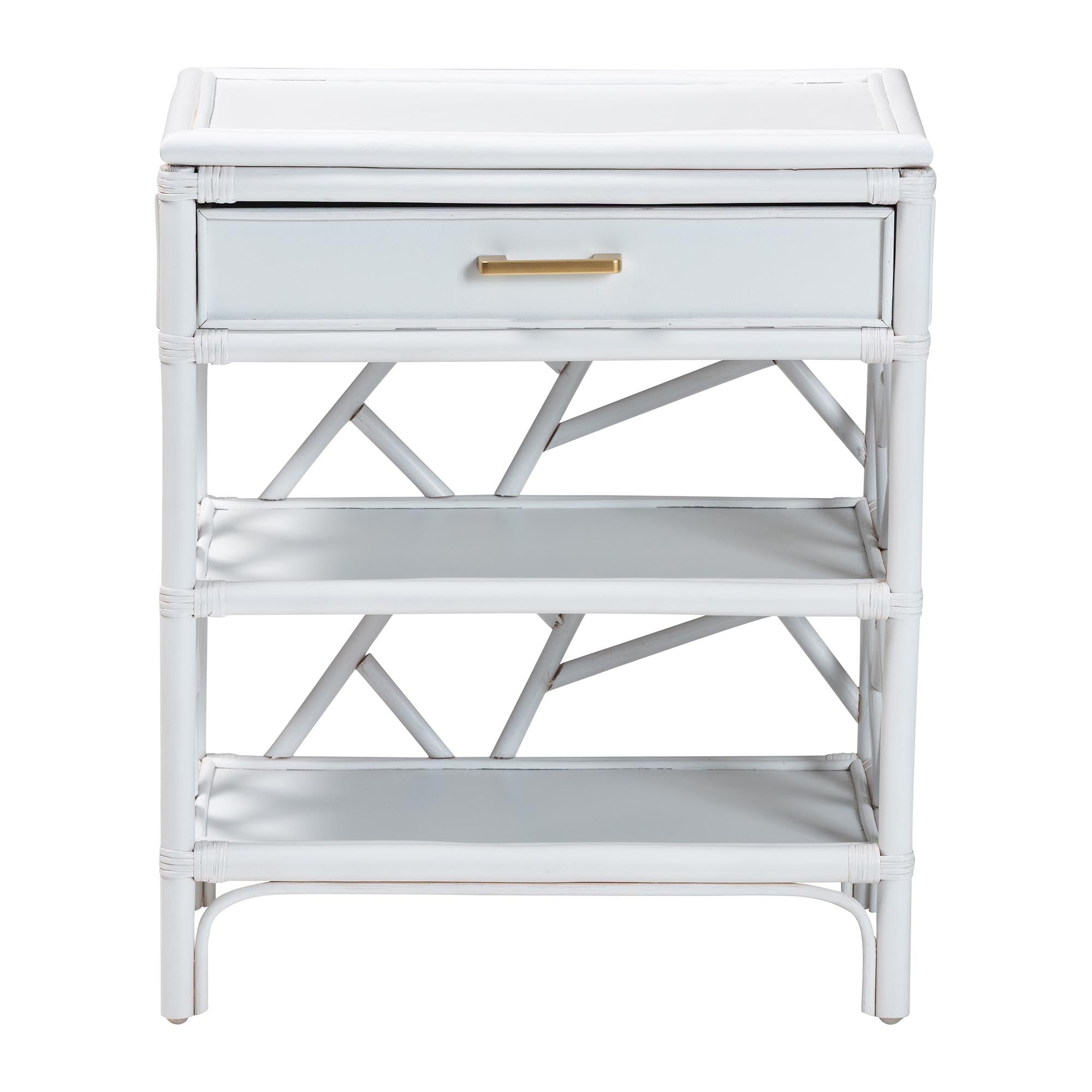 Daina Natural Rattan Nightstand with Drawer and Open Shelves- Coastal Bedside Table with Geometric Design, White