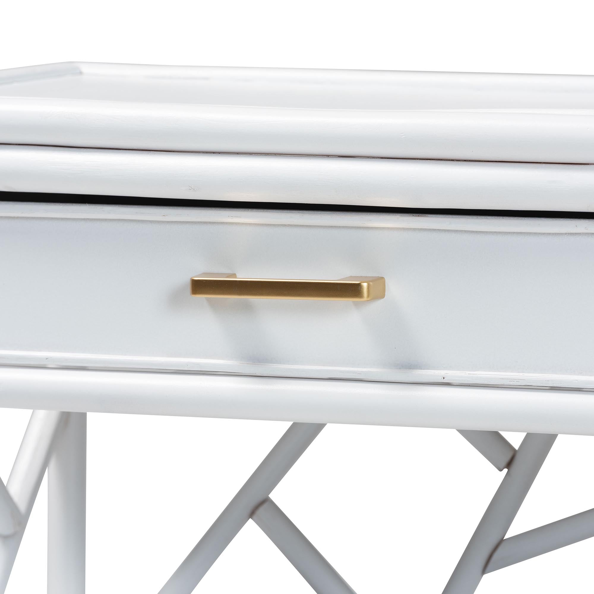 Daina Natural Rattan Nightstand with Drawer and Open Shelves- Coastal Bedside Table with Geometric Design, White