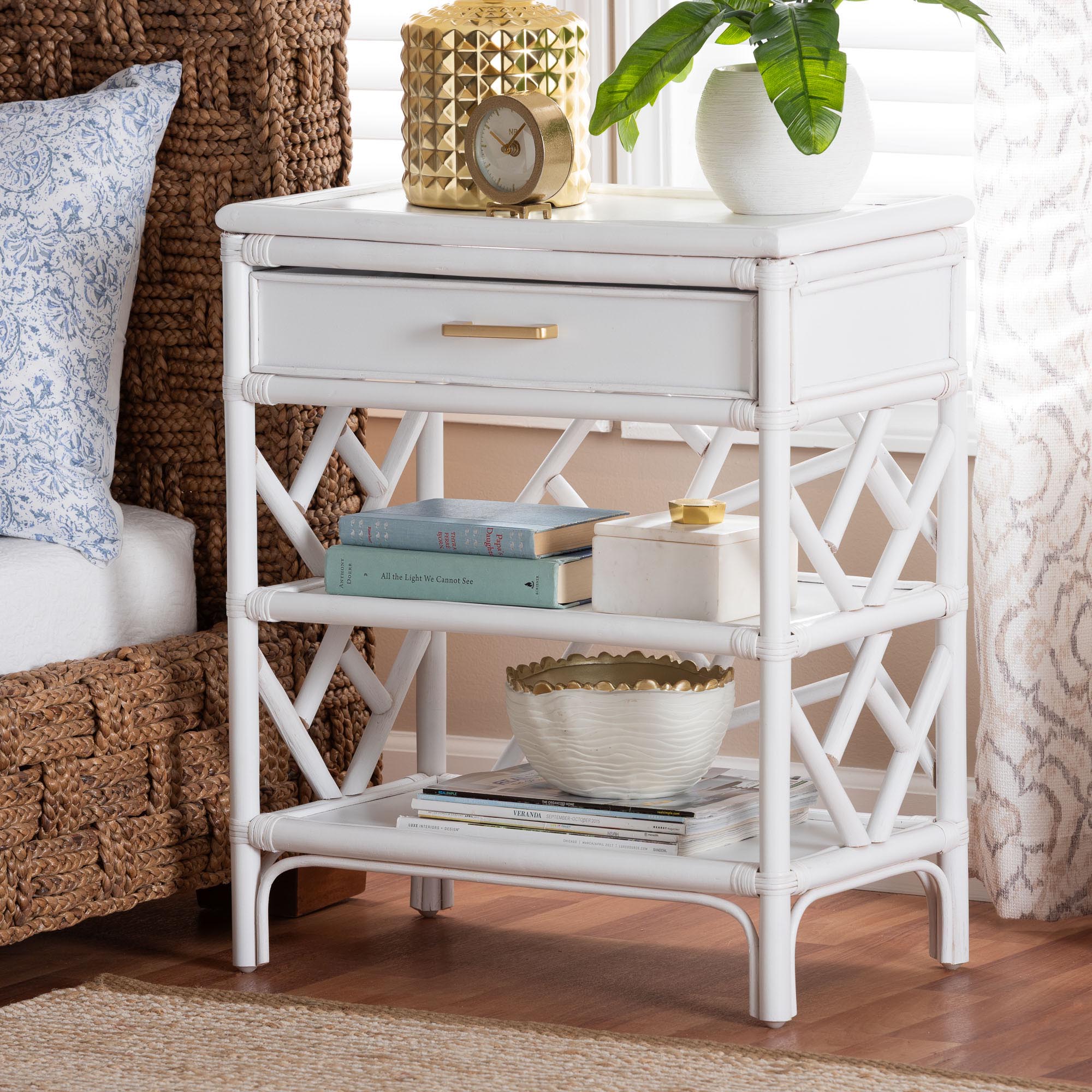 Daina Natural Rattan Nightstand with Drawer and Open Shelves- Coastal Bedside Table with Geometric Design, White