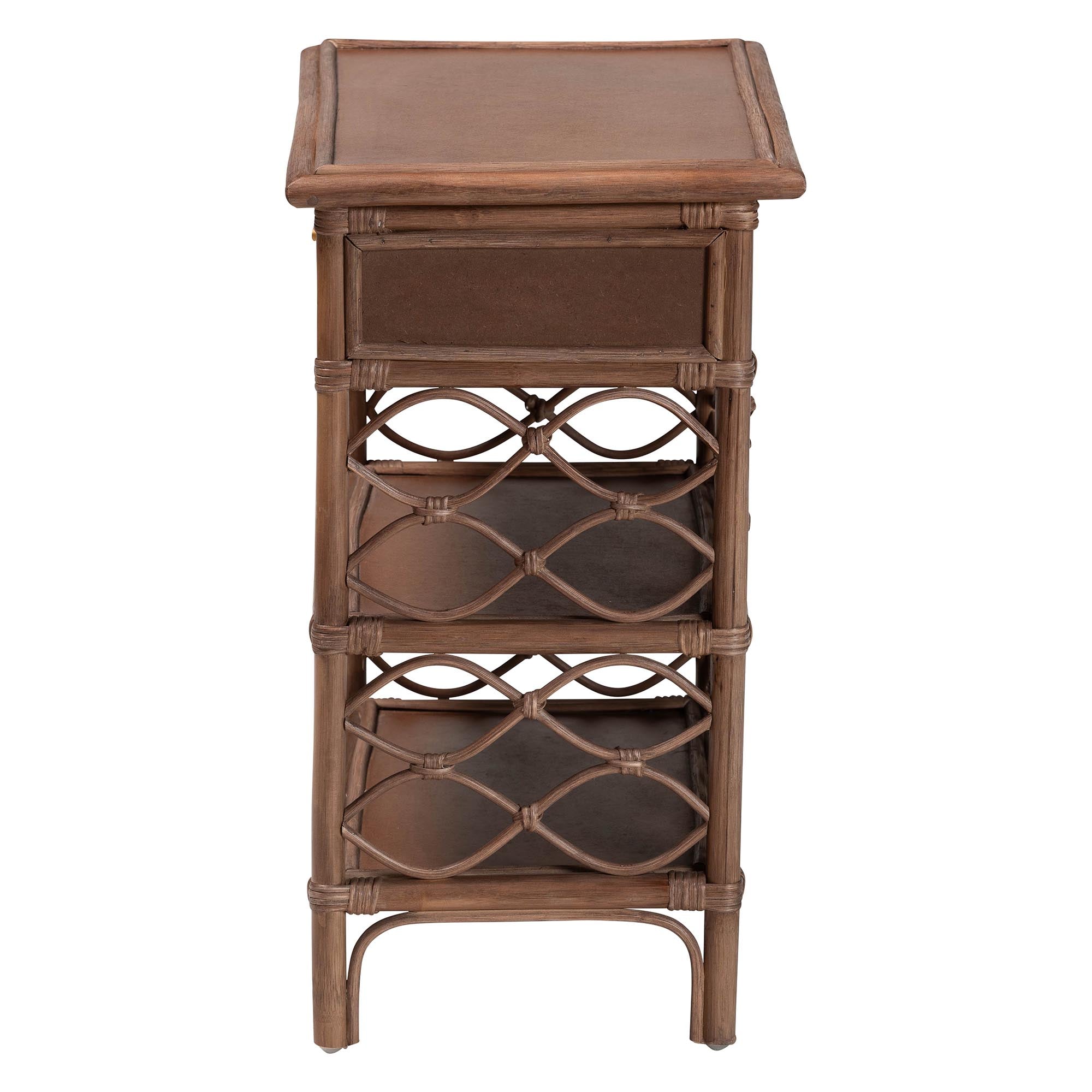 Akane Natural Rattan Nightstand with Drawer and Open Shelves - Coastal Bedside Table with Lattice Design, Brown