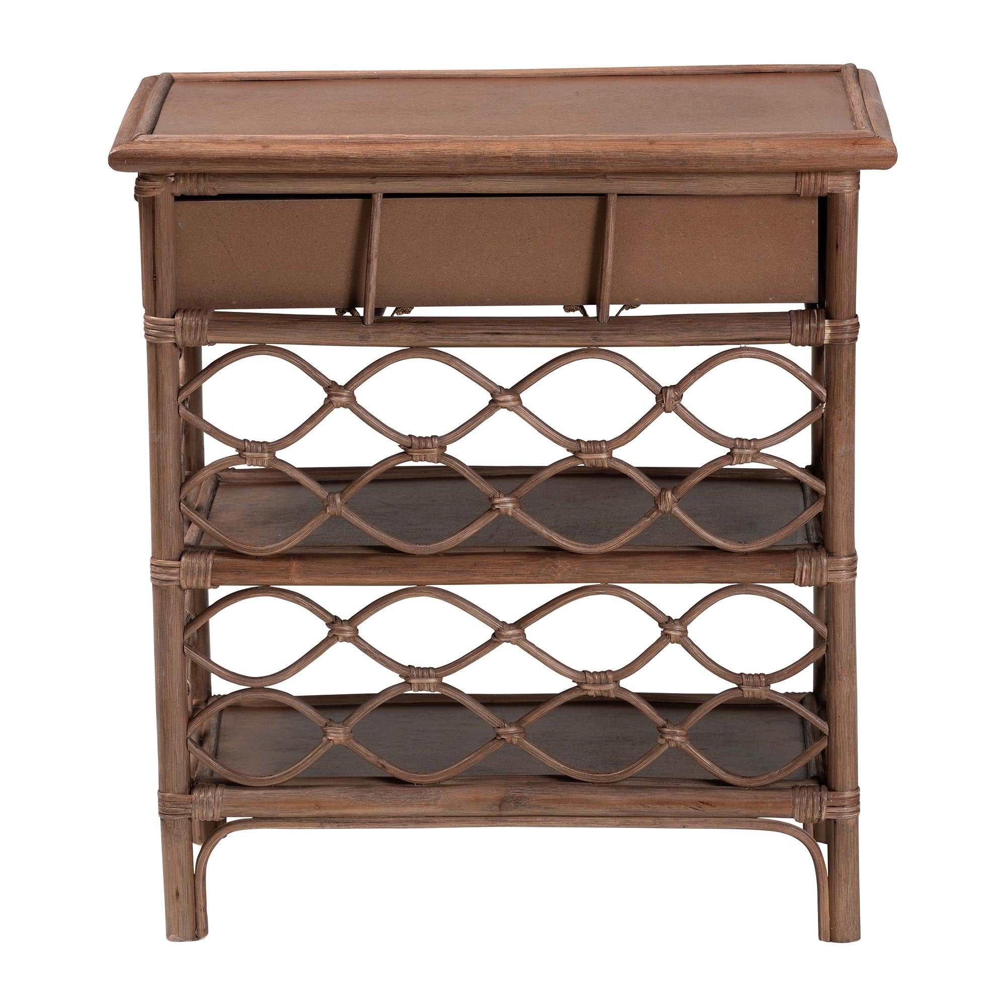 Akane Natural Rattan Nightstand with Drawer and Open Shelves - Coastal Bedside Table with Lattice Design, Brown