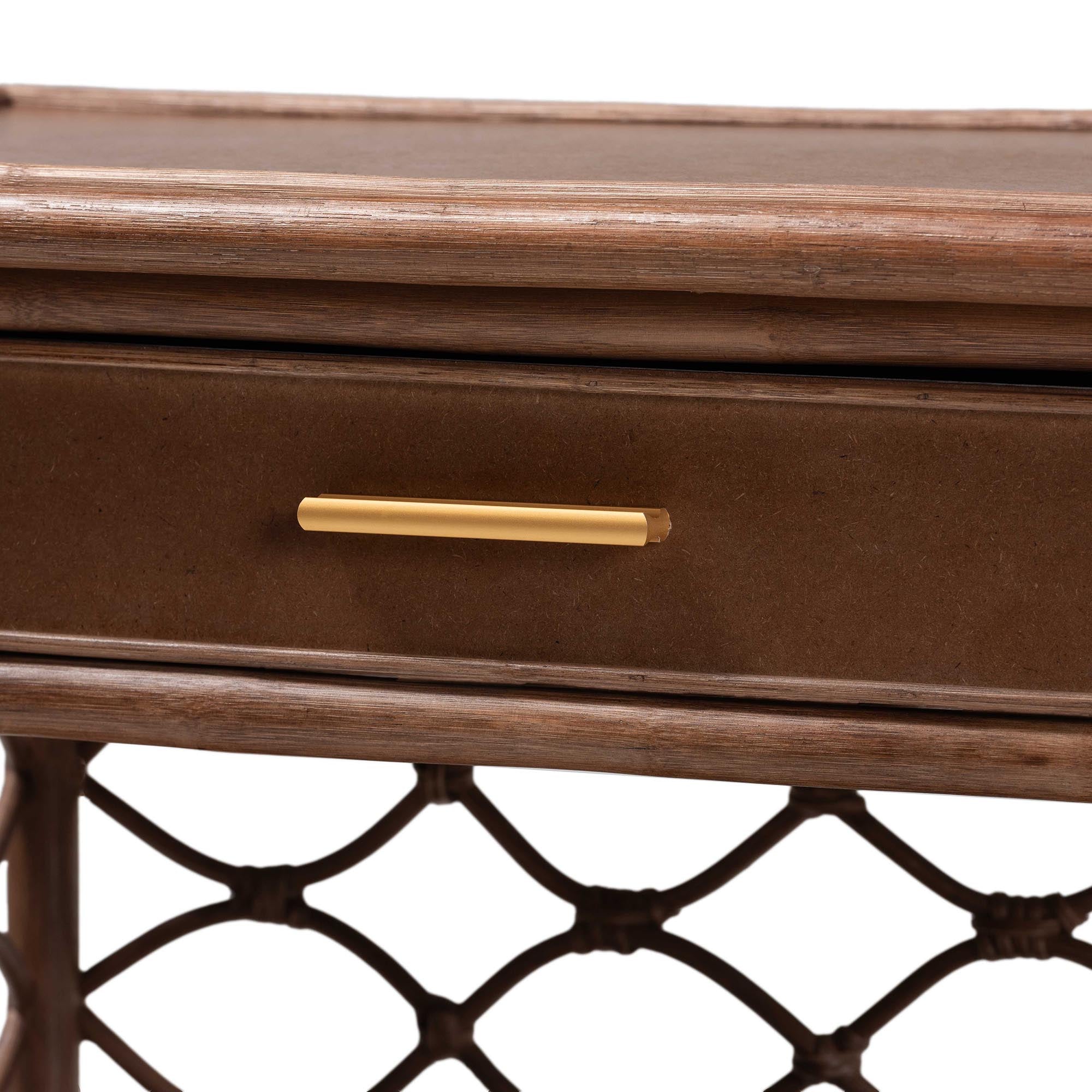 Akane Natural Rattan Nightstand with Drawer and Open Shelves - Coastal Bedside Table with Lattice Design, Brown