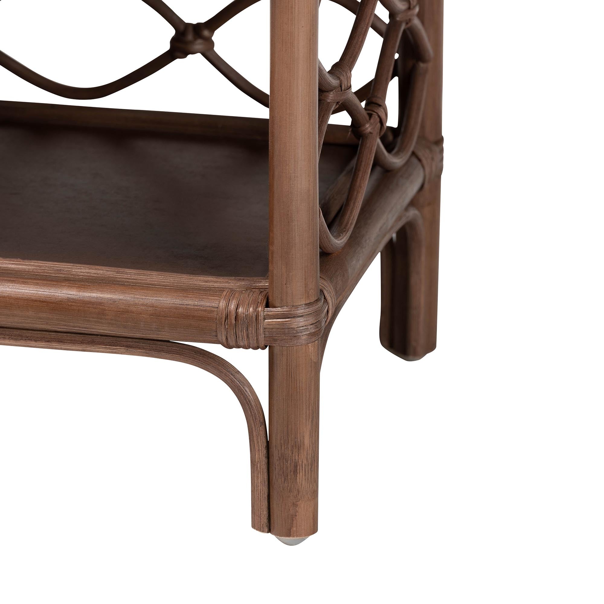 Akane Natural Rattan Nightstand with Drawer and Open Shelves - Coastal Bedside Table with Lattice Design, Brown