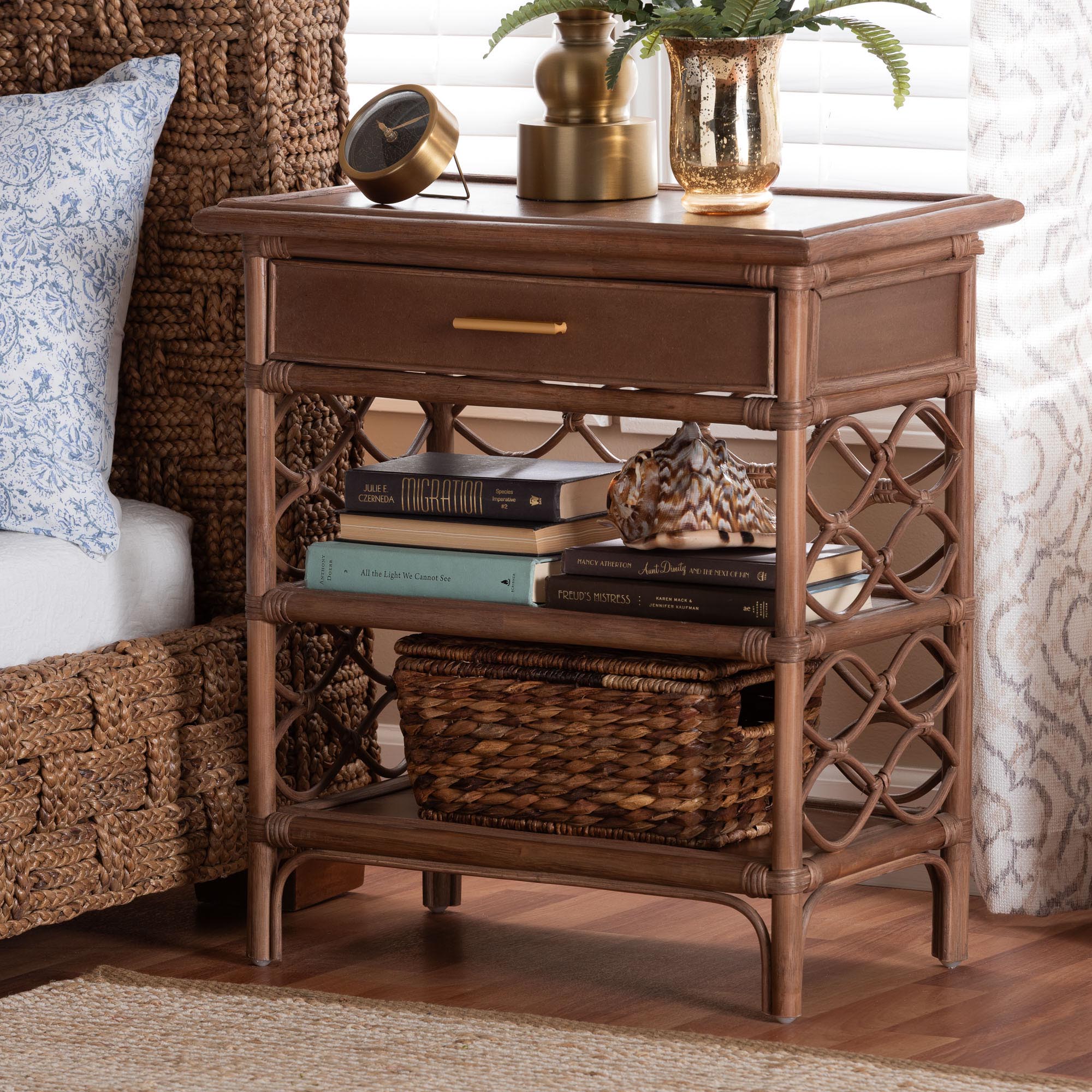 Akane Natural Rattan Nightstand with Drawer and Open Shelves - Coastal Bedside Table with Lattice Design, Brown