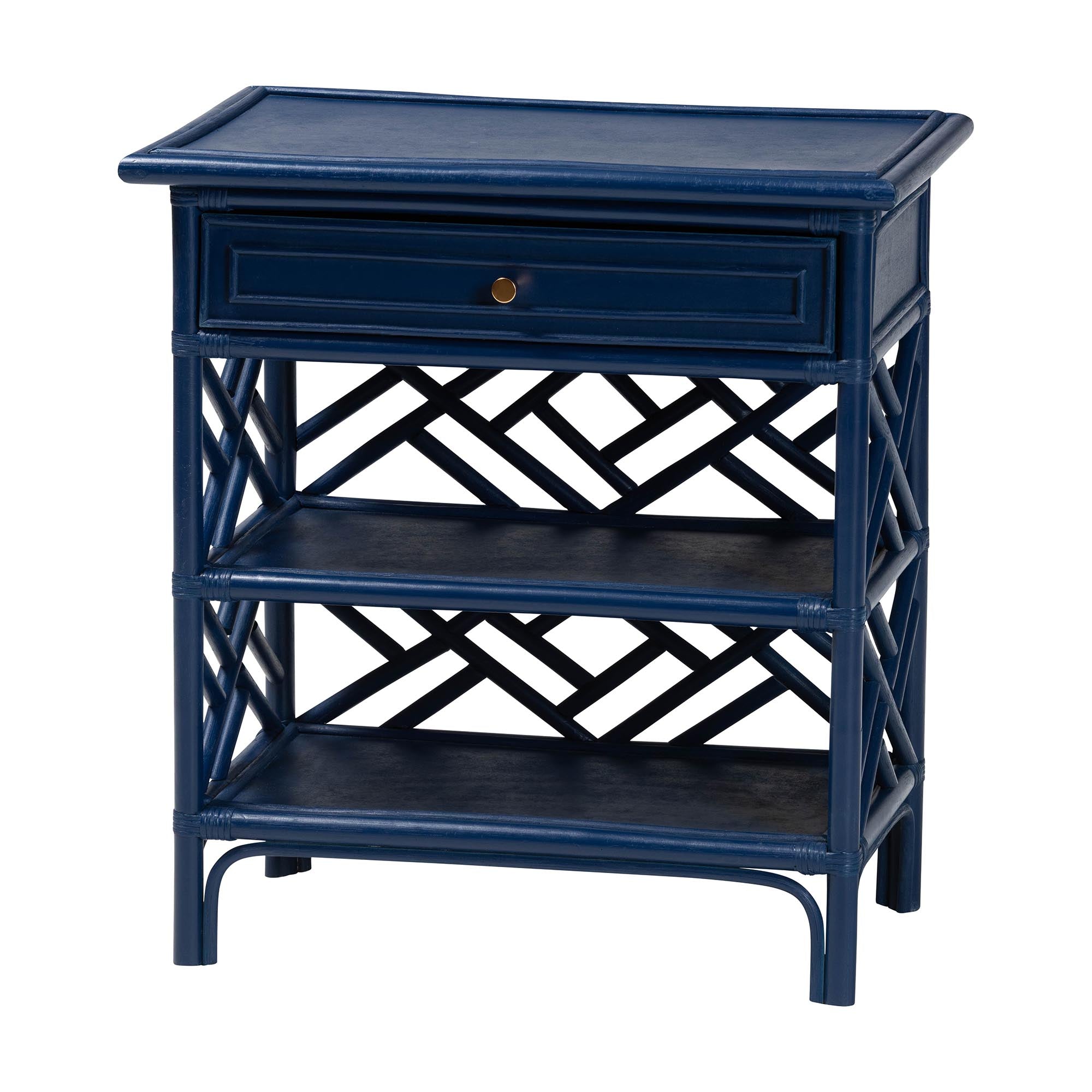 bali & pari Tiaret Natural Rattan Nightstand with Drawer and Shelves - Chippendale-Style Bedside Table for Bedroom or Coastal Living Spaces, Blue