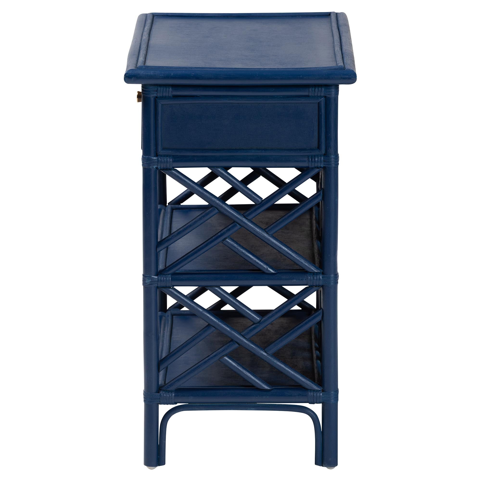 bali & pari Tiaret Natural Rattan Nightstand with Drawer and Shelves - Chippendale-Style Bedside Table for Bedroom or Coastal Living Spaces, Blue