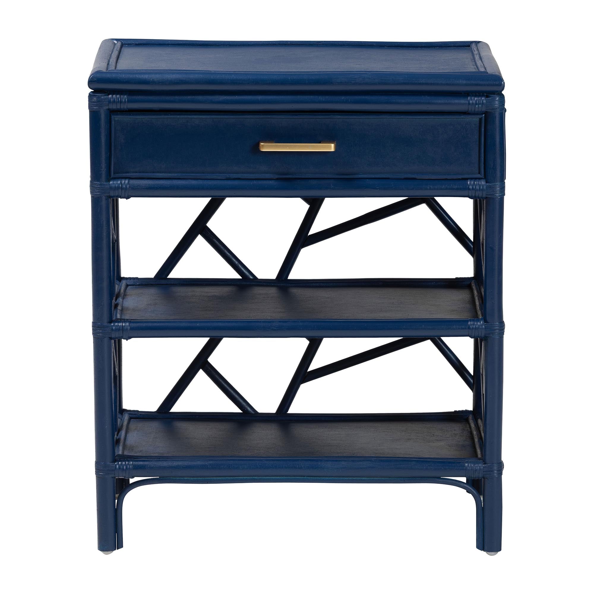 Daina Natural Rattan Nightstand with Drawer and Open Shelves- Coastal Bedside Table with Geometric Design, Blue