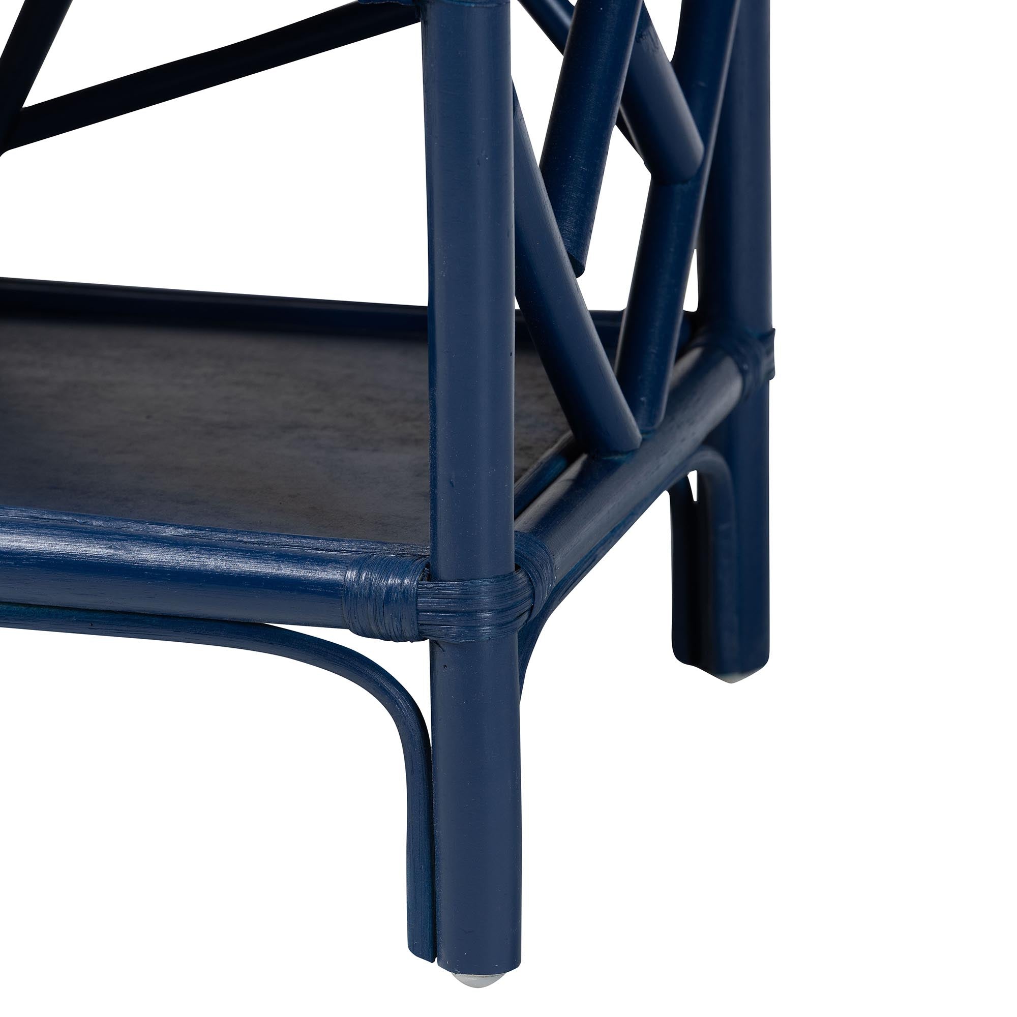 Daina Natural Rattan Nightstand with Drawer and Open Shelves- Coastal Bedside Table with Geometric Design, Blue