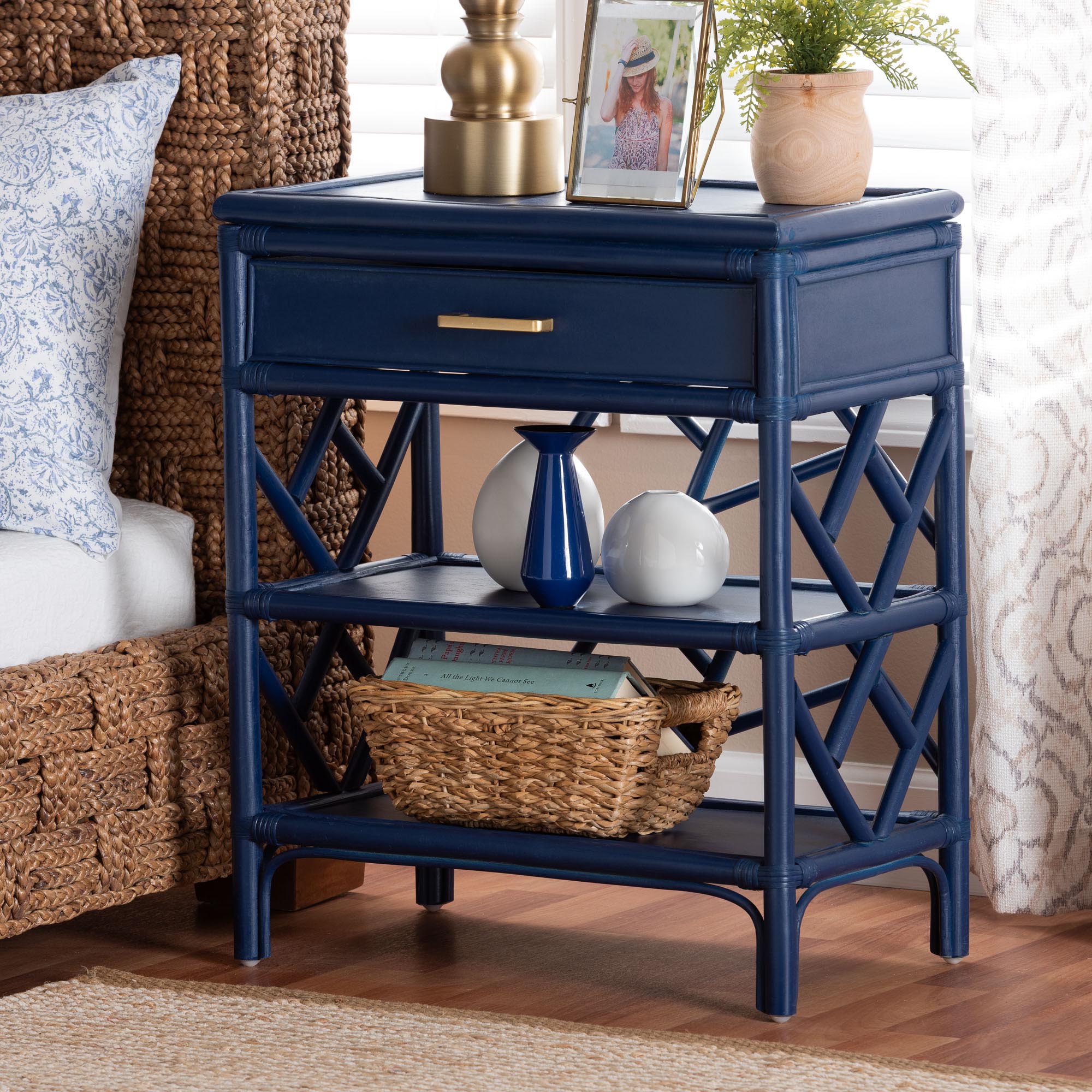 Daina Natural Rattan Nightstand with Drawer and Open Shelves- Coastal Bedside Table with Geometric Design, Blue