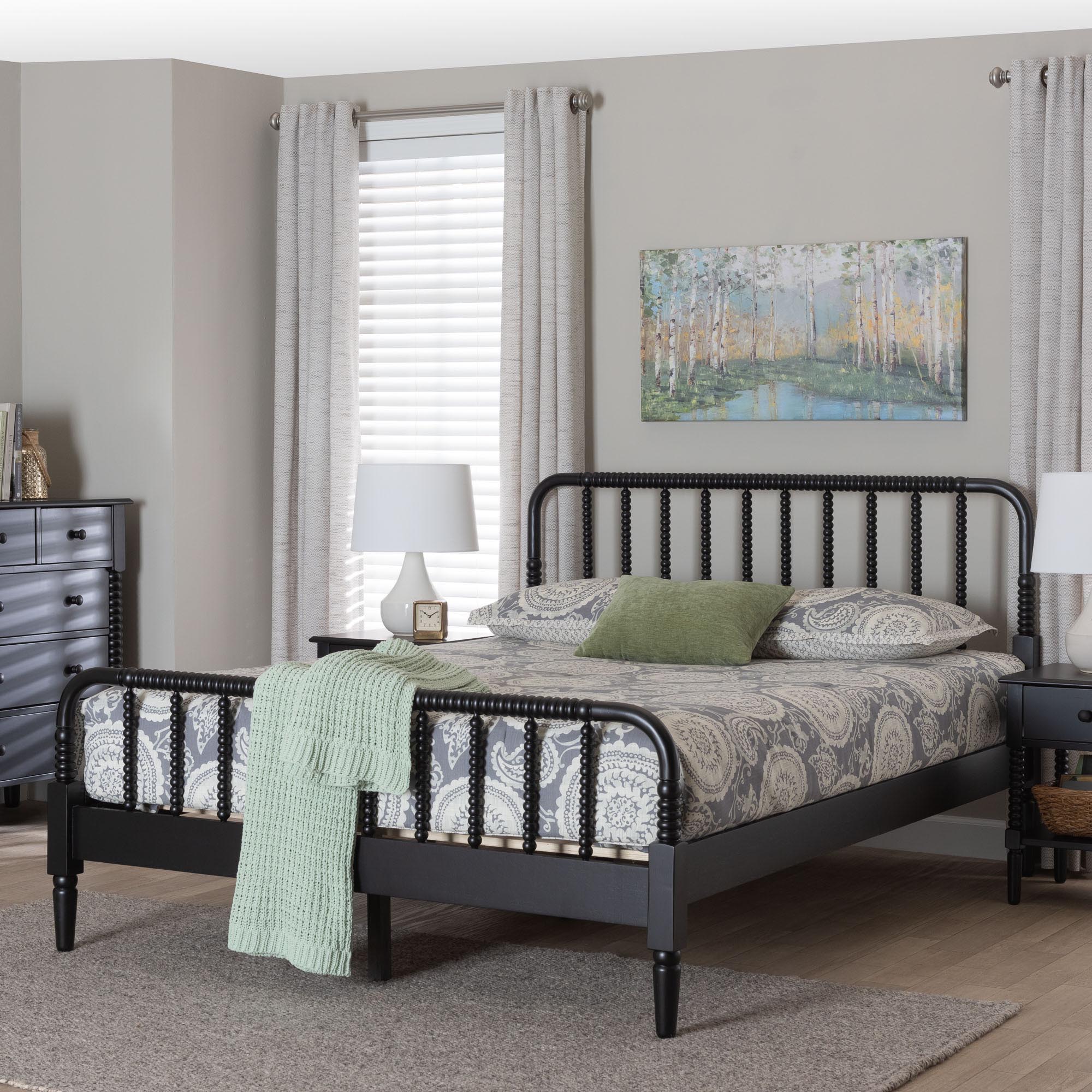 Braith Farmhouse Black Spindle Wood Queen Size Platform Bed