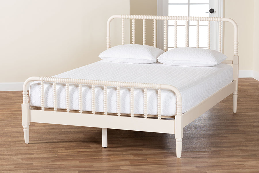 Braith Farmhouse Ivory Spindle Wood Queen Size Platform Bed