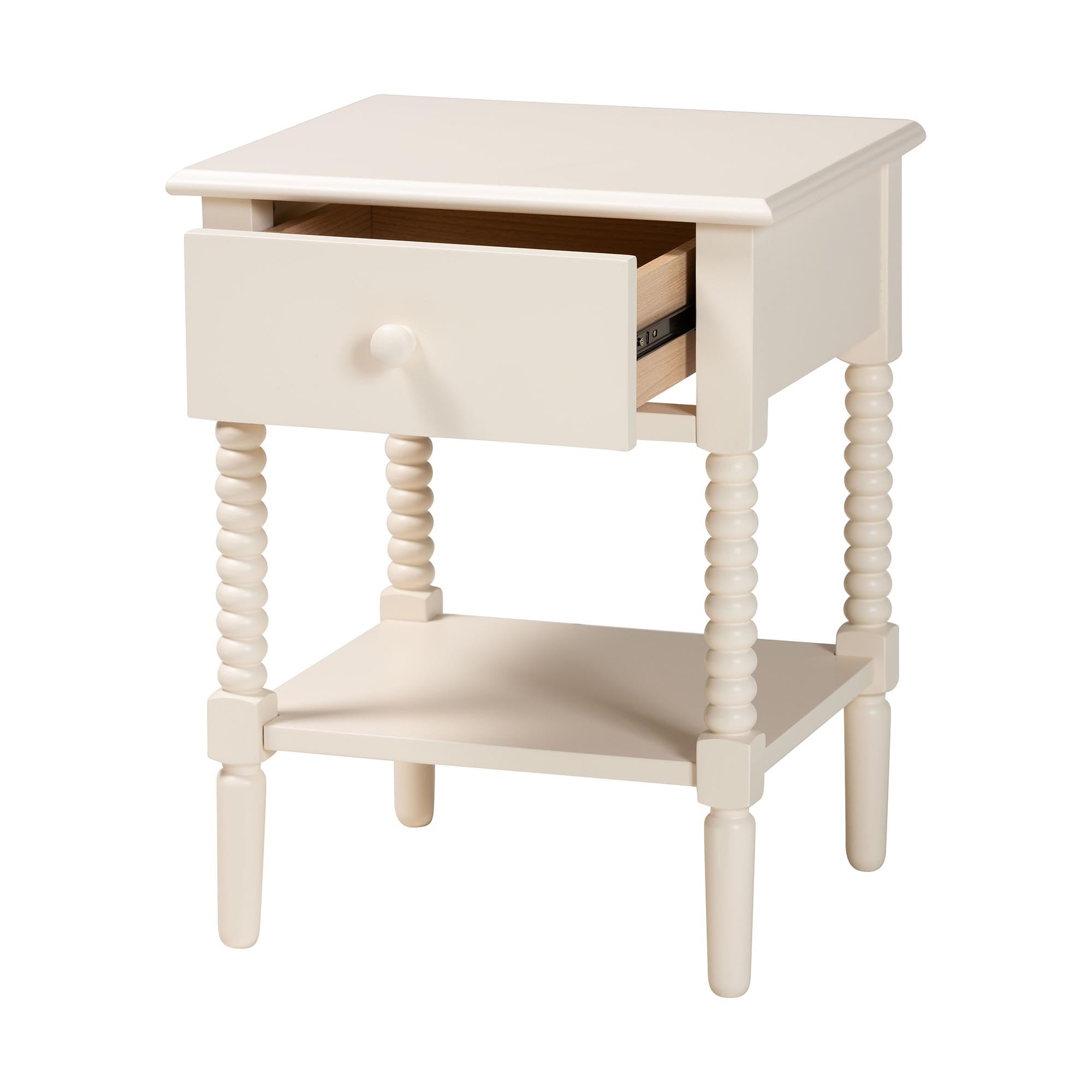 Braith Farmhouse Ivory Spindle Wood 1-Drawer Nightstand