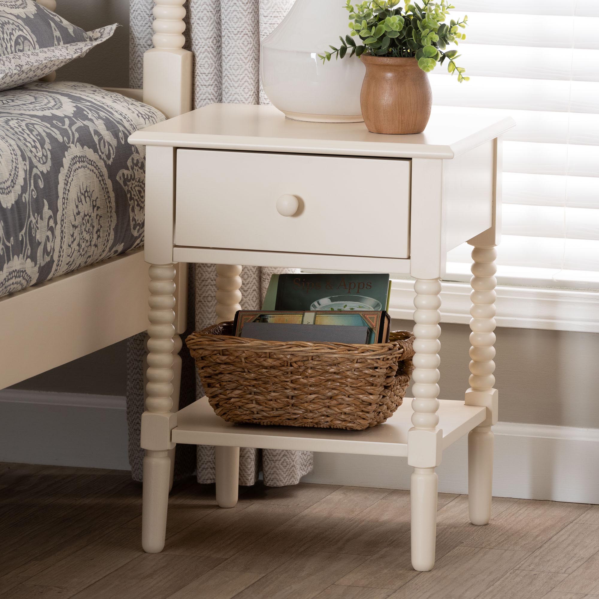 Braith Farmhouse Ivory Spindle Wood 1-Drawer Nightstand