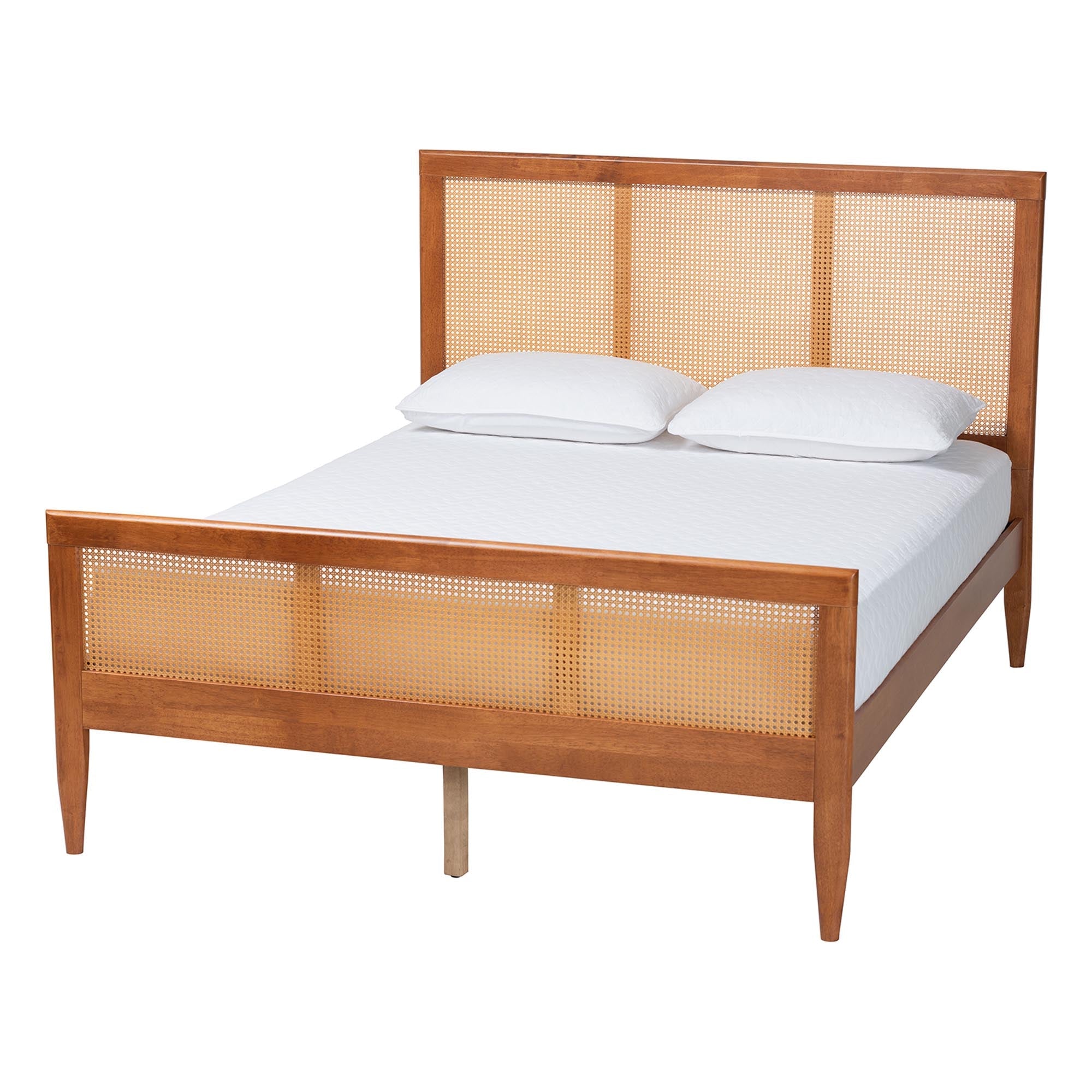 Walthard Mid-Century Light Walnut King Platform Bed with Woven Rattan