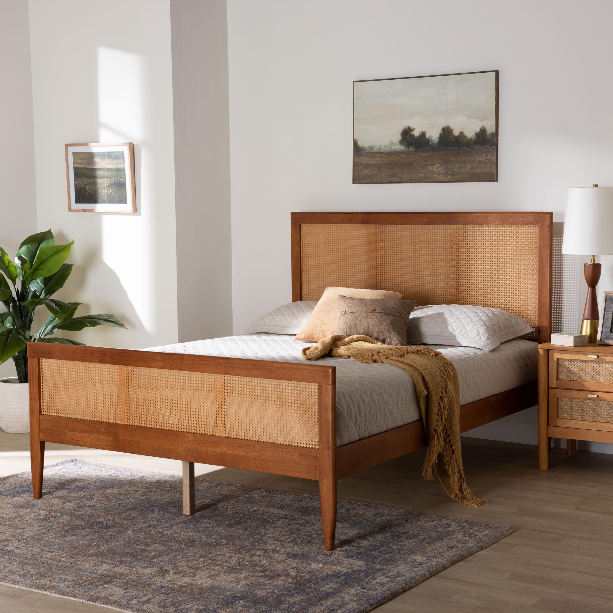 Walthard Mid-Century Light Walnut King Platform Bed with Woven Rattan