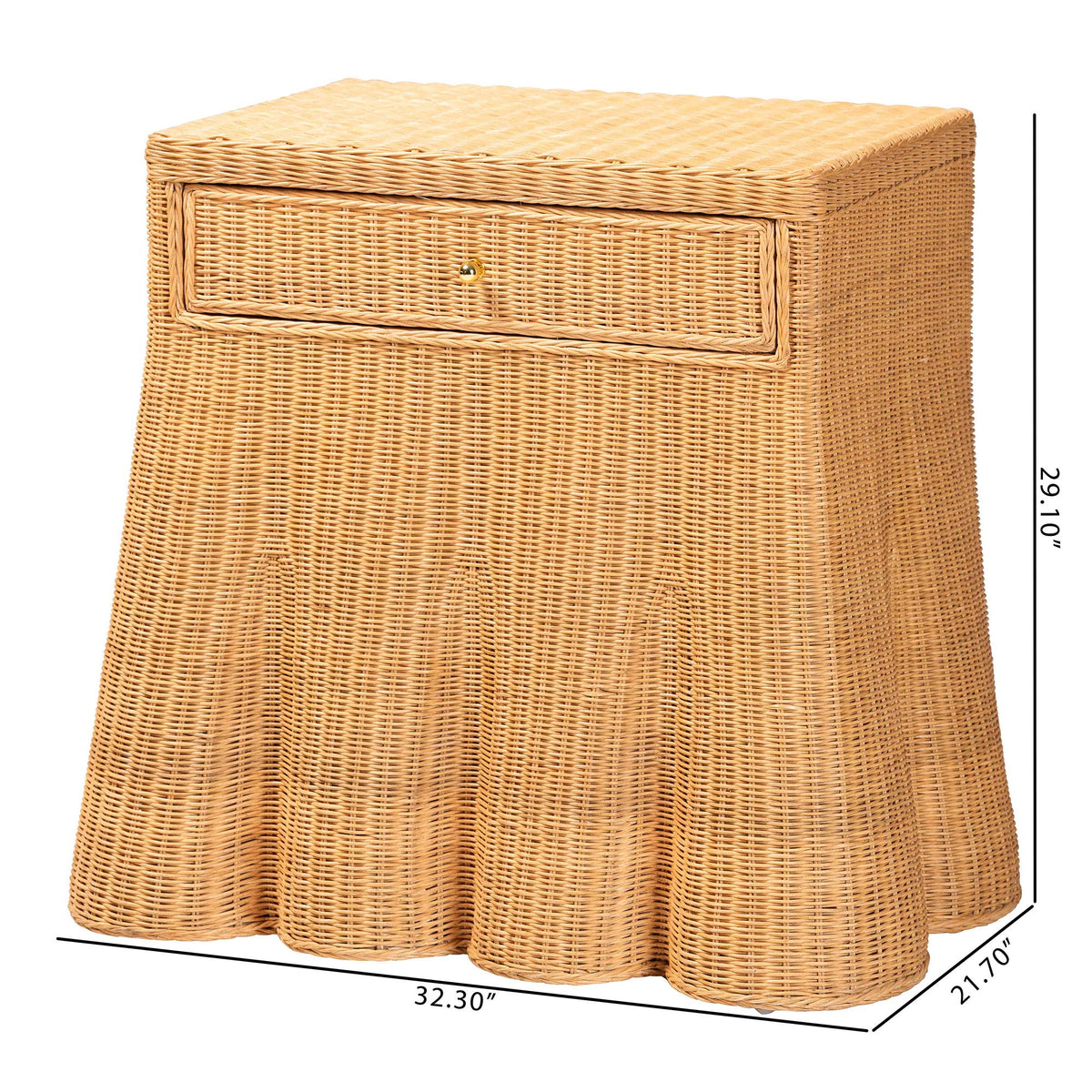 Chica Scalloped Natural Rattan Console Table with Drawer - Handwoven Wicker Accent Table with Flared Skirt, Coastal Boho Style for Entryway or Living Room, Rectangle