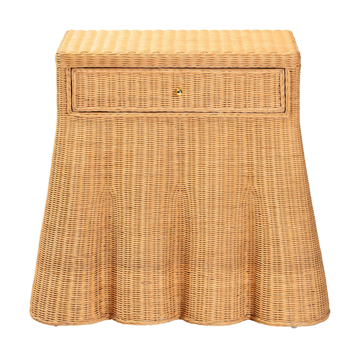 Chica Scalloped Natural Rattan Console Table with Drawer - Handwoven Wicker Accent Table with Flared Skirt, Coastal Boho Style for Entryway or Living Room, Rectangle