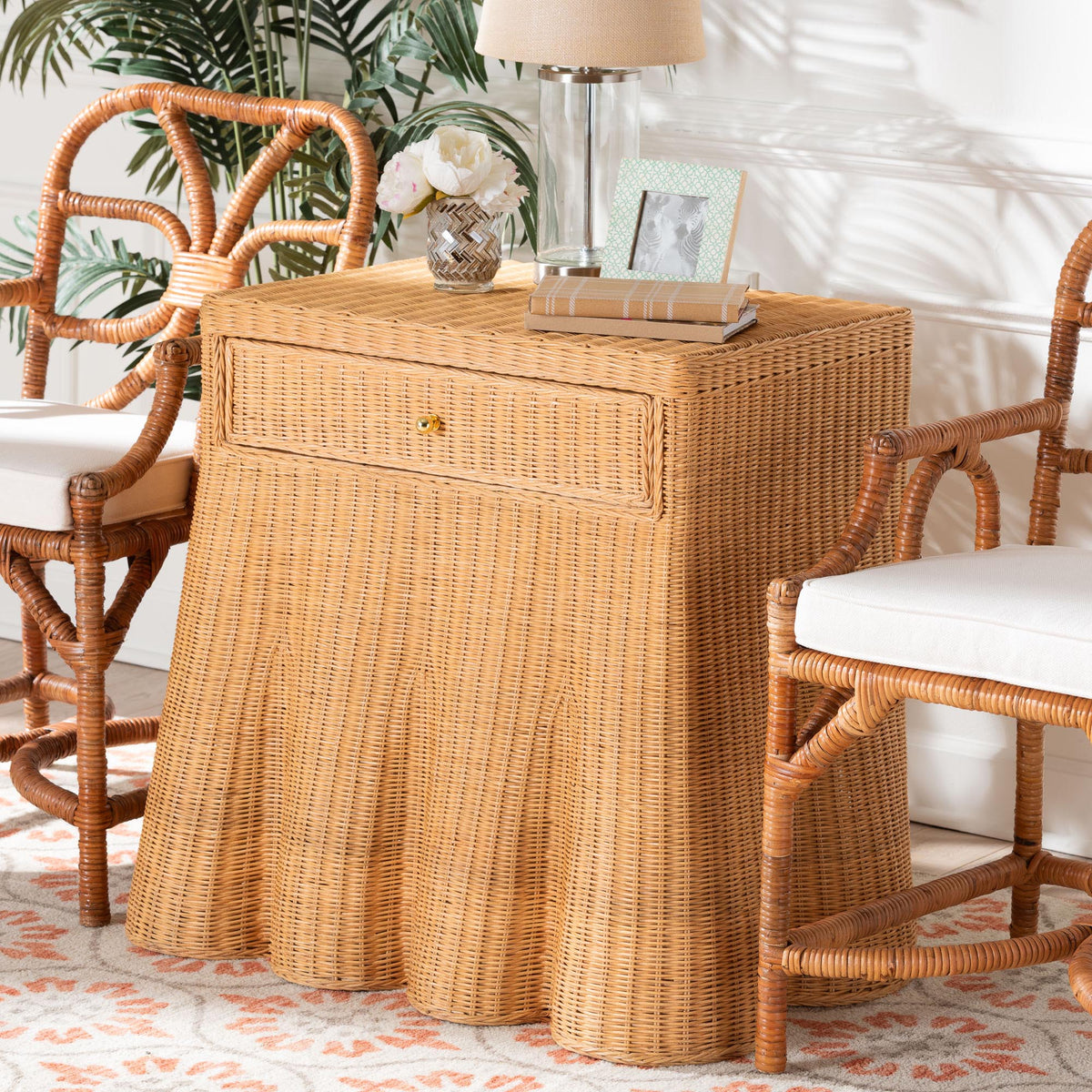 Chica Scalloped Natural Rattan Console Table with Drawer - Handwoven Wicker Accent Table with Flared Skirt, Coastal Boho Style for Entryway or Living Room, Rectangle