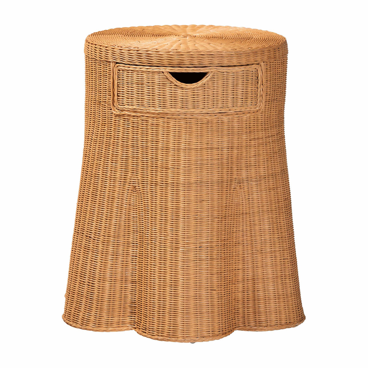Dayo Scalloped Natural Rattan Console Table with Drawer - Handwoven Wicker Accent Table with Flared Skirt, Coastal Boho Style for Entryway or Living Room, Round