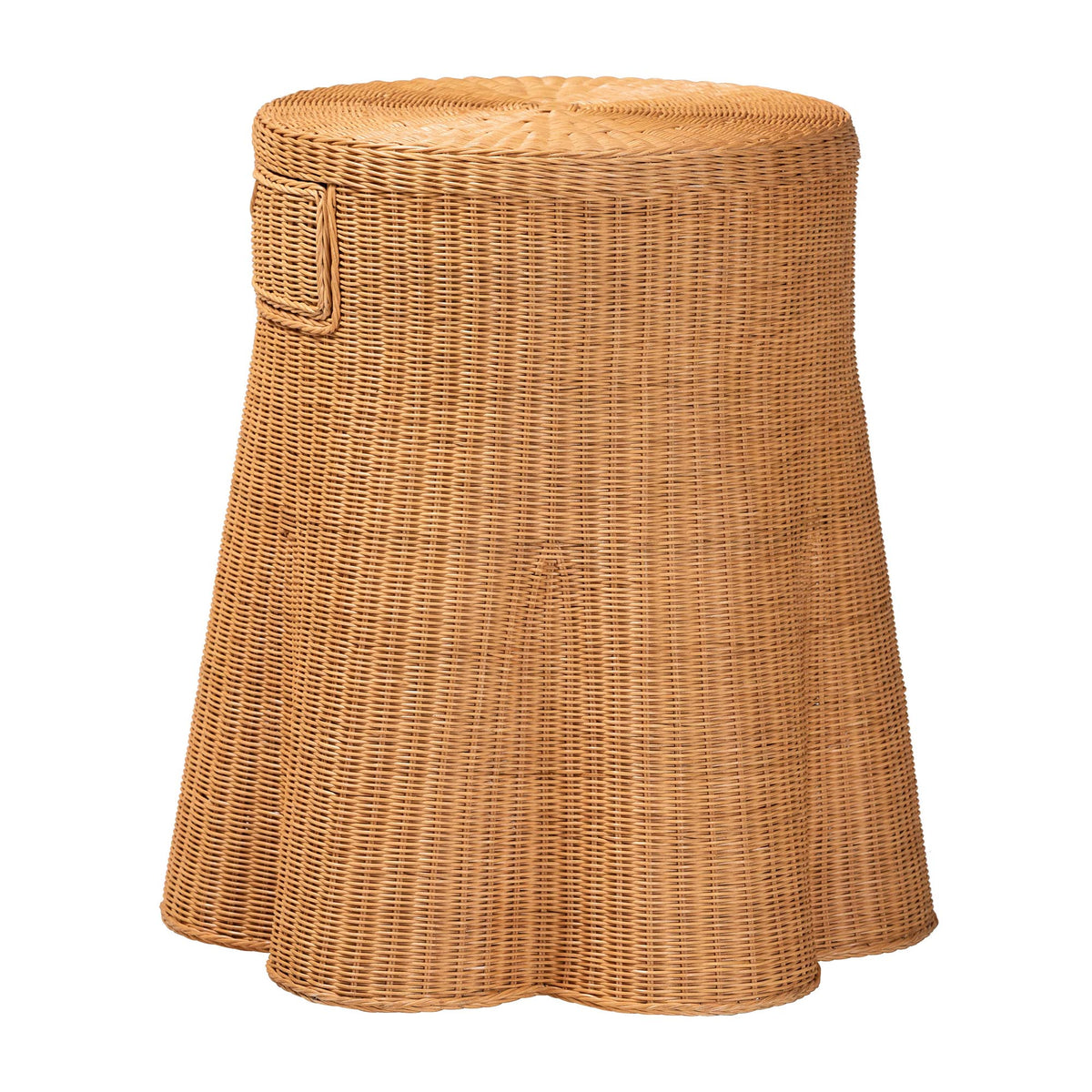 Dayo Scalloped Natural Rattan Console Table with Drawer - Handwoven Wicker Accent Table with Flared Skirt, Coastal Boho Style for Entryway or Living Room, Round