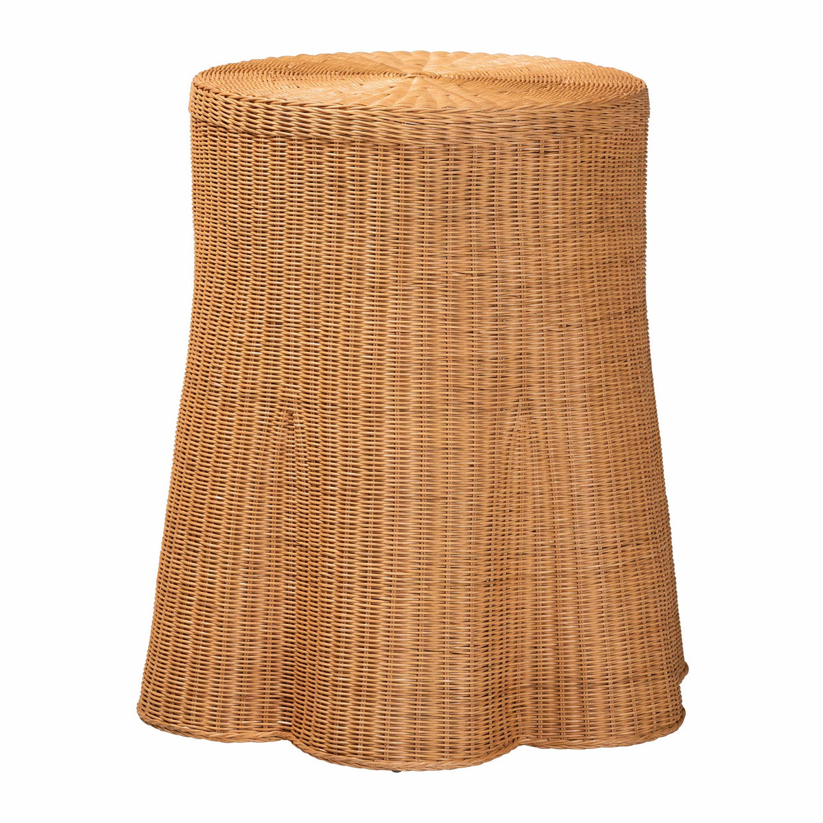 Dayo Scalloped Natural Rattan Console Table with Drawer - Handwoven Wicker Accent Table with Flared Skirt, Coastal Boho Style for Entryway or Living Room, Round