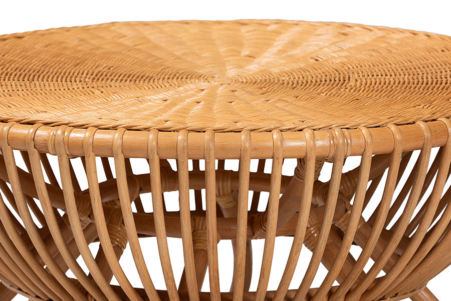Abel Natural Rattan Coffee Table with Splayed Legs - Handcrafted Boho Accent Table, Light Honey