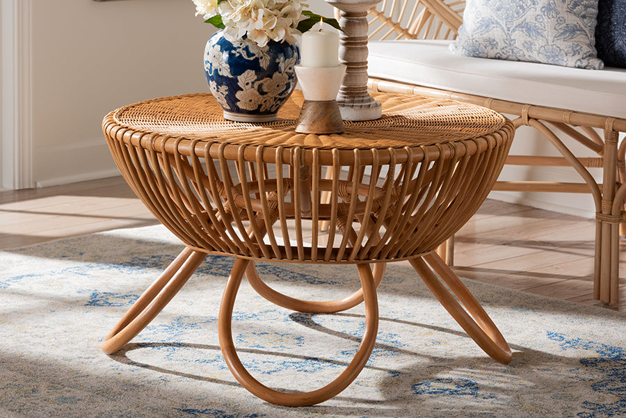 Abel Natural Rattan Coffee Table with Splayed Legs - Handcrafted Boho Accent Table, Light Honey