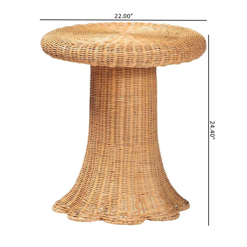 Avalon Scallop Natural Rattan Pedestal Side Table - Round Handwoven Wicker Accent Table with Skirted Base, Boho Coastal Style Furniture for Living Room, Hallway or Sunroom