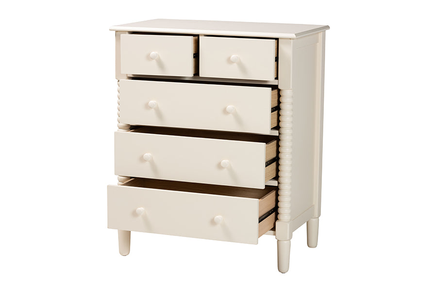 Braith Farmhouse Ivory Spindle Wood 5-Drawer Chest