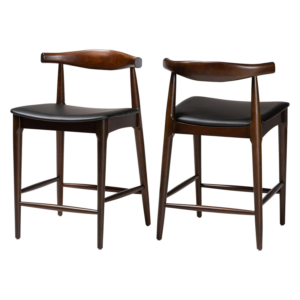 Eira Counter Stool Set of 2- Walnut Wood Frame Counter-height Chair with Curved Backrest and Black Faux Leather Seat, Mid-Century Modern Kitchen Island Seating