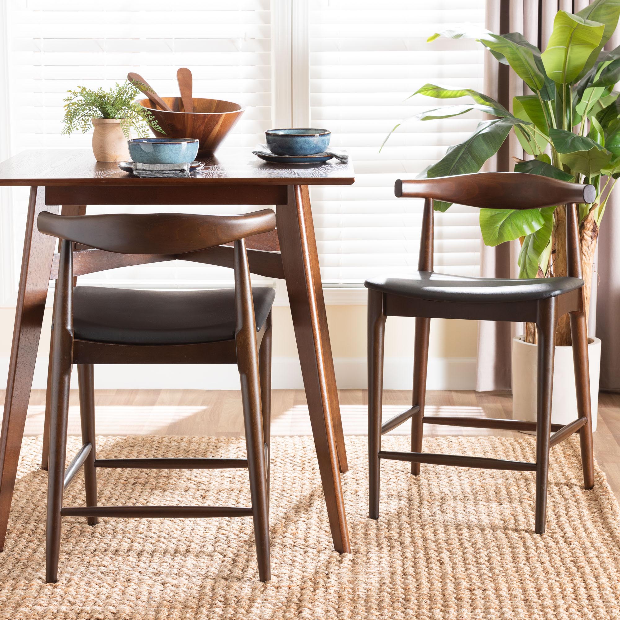 Eira Counter Stool Set of 2- Walnut Wood Frame Counter-height Chair with Curved Backrest and Black Faux Leather Seat, Mid-Century Modern Kitchen Island Seating