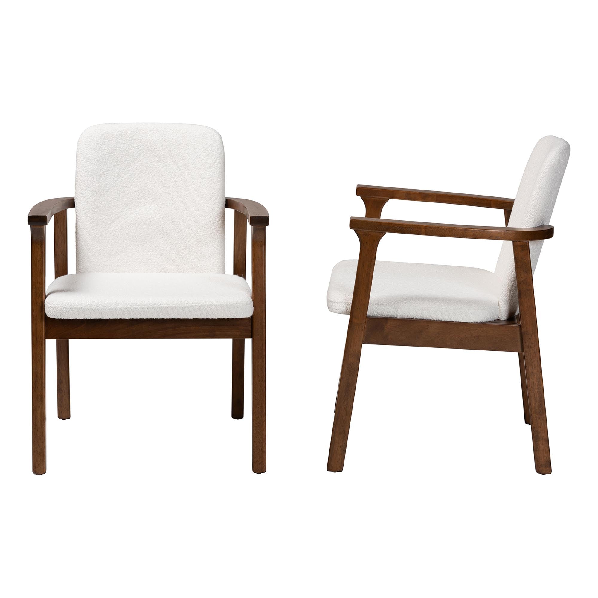 Miyagi Boucle Upholstered Dining Chair Set of 2- Mid-Century Modern Armchair with Solid Wood Frame and Rounded Backrest, Walnut Brown and White