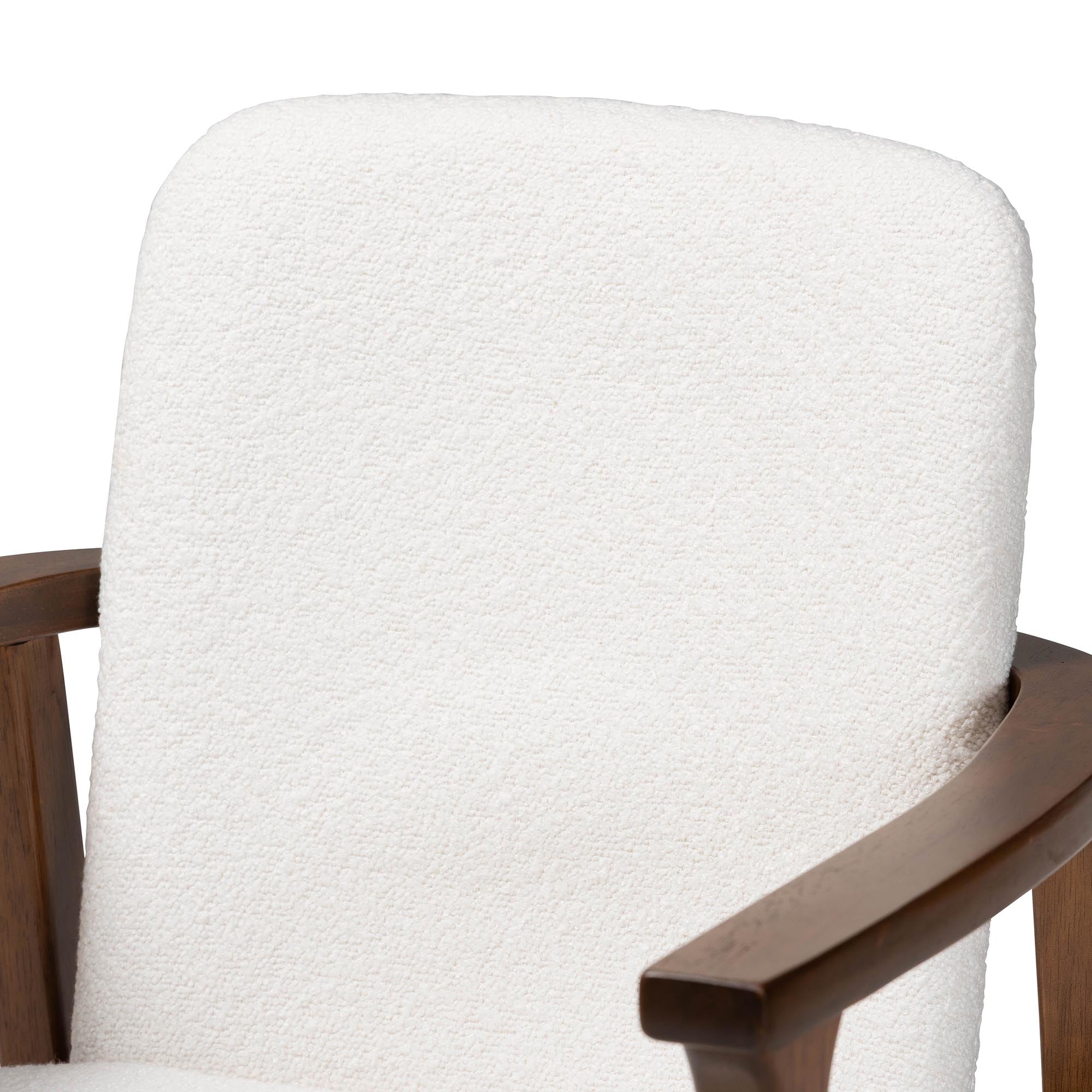 Miyagi Boucle Upholstered Dining Chair Set of 2- Mid-Century Modern Armchair with Solid Wood Frame and Rounded Backrest, Walnut Brown and White