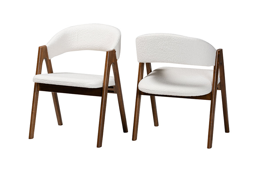 Virden Boucle Upholstered Dining Chair Set of 2- Mid-Century Modern Armchair with Solid Wood Frame and Curved Open-Back Design, Walnut Brown and White