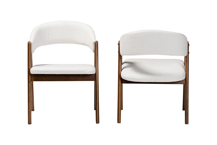 Virden Boucle Upholstered Dining Chair Set of 2- Mid-Century Modern Armchair with Solid Wood Frame and Curved Open-Back Design, Walnut Brown and White