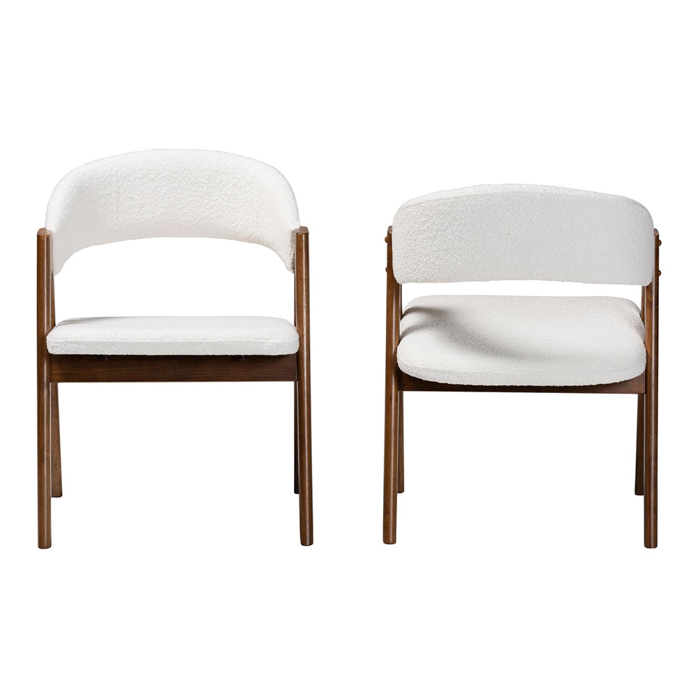 Virden Boucle Upholstered Dining Chair Set of 2- Mid-Century Modern Armchair with Solid Wood Frame and Curved Open-Back Design, Walnut Brown and White