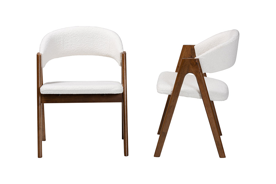 Virden Boucle Upholstered Dining Chair Set of 2- Mid-Century Modern Armchair with Solid Wood Frame and Curved Open-Back Design, Walnut Brown and White