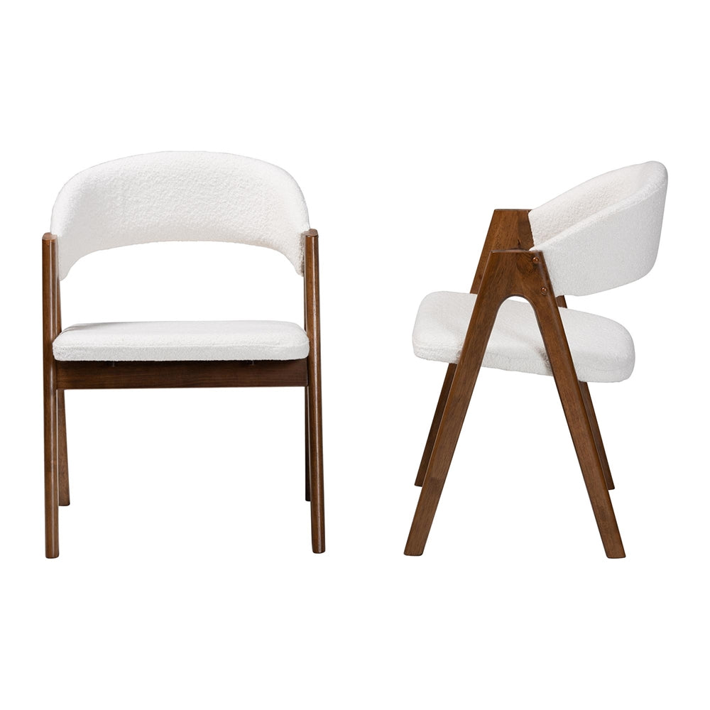 Virden Boucle Upholstered Dining Chair Set of 2- Mid-Century Modern Armchair with Solid Wood Frame and Curved Open-Back Design, Walnut Brown and White