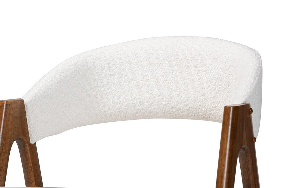 Virden Boucle Upholstered Dining Chair Set of 2- Mid-Century Modern Armchair with Solid Wood Frame and Curved Open-Back Design, Walnut Brown and White