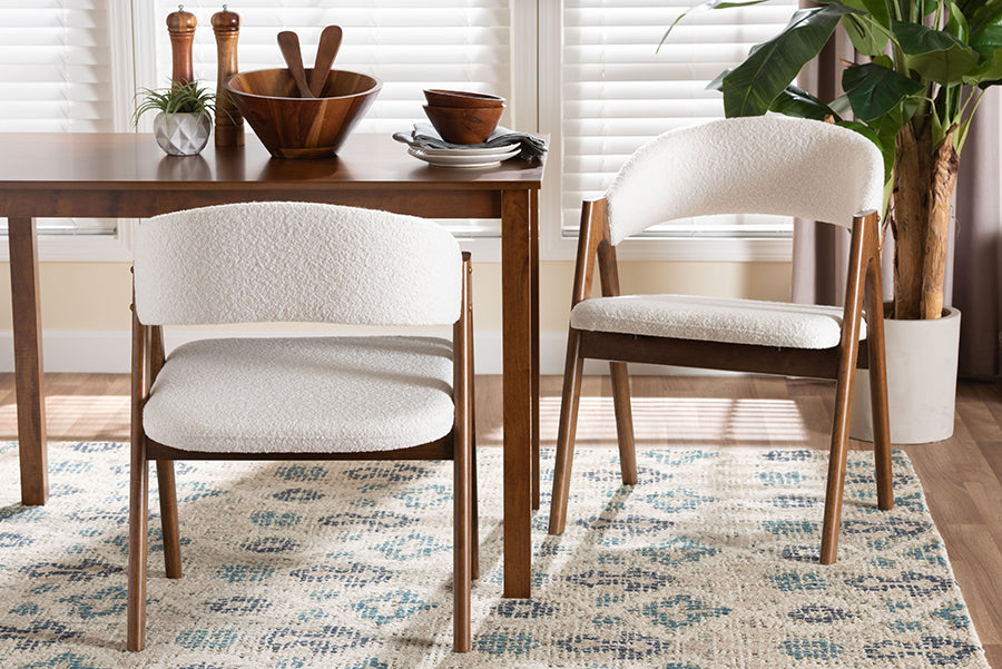Virden Boucle Upholstered Dining Chair Set of 2- Mid-Century Modern Armchair with Solid Wood Frame and Curved Open-Back Design, Walnut Brown and White