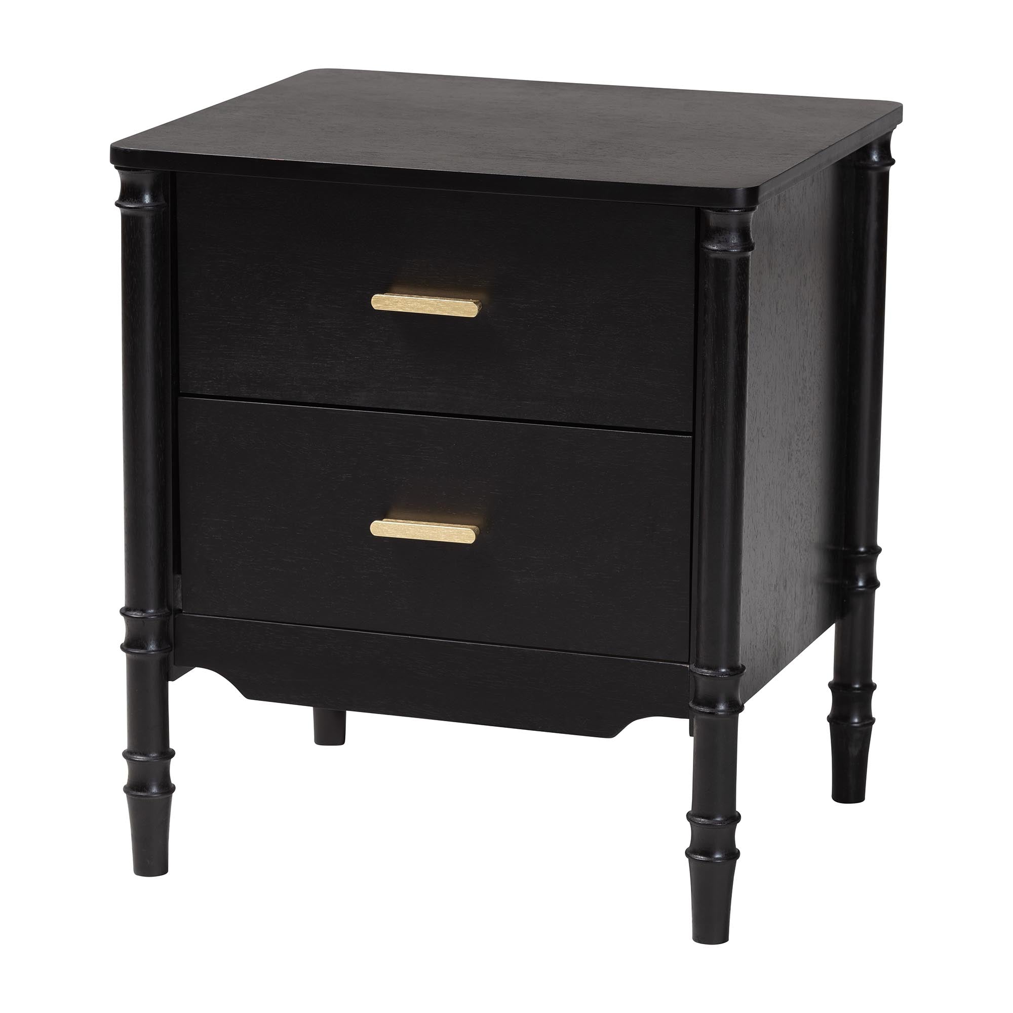 Marisela Black Wood Nightstand with Gold Handles - 2-Drawer Bedside Table with Bamboo-Inspired Legs