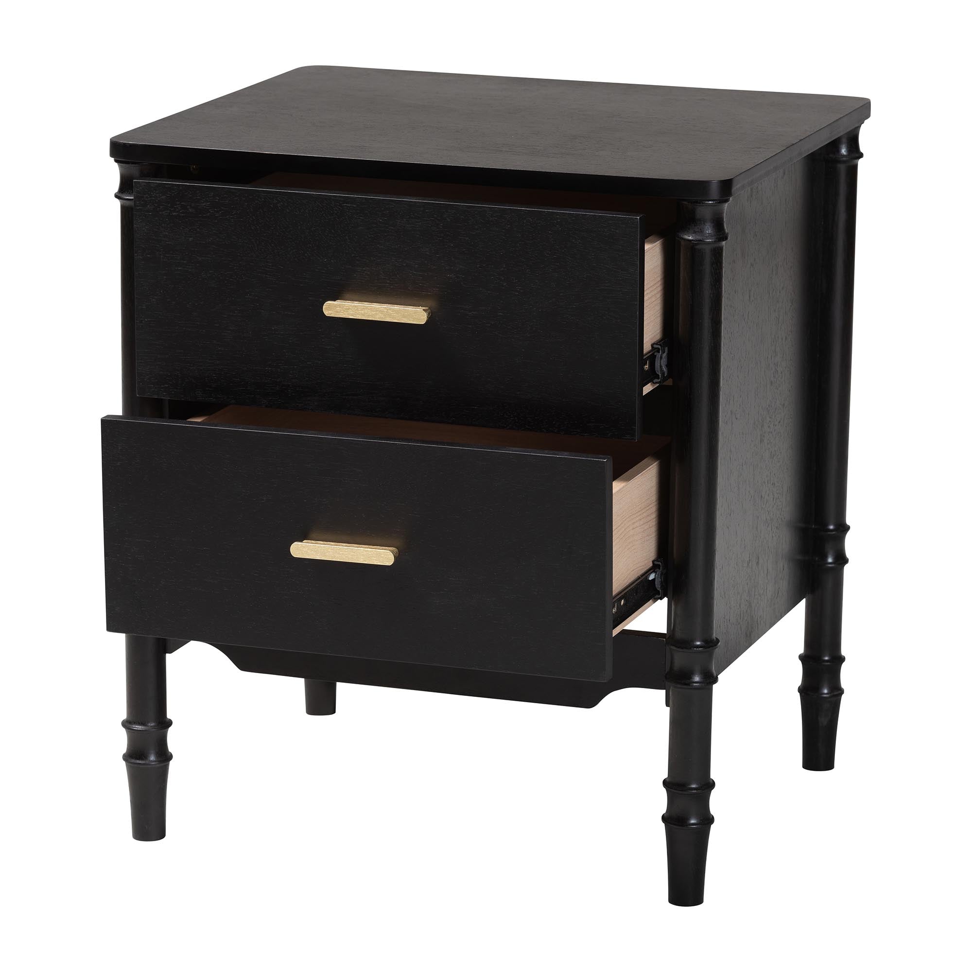 Marisela Black Wood Nightstand with Gold Handles - 2-Drawer Bedside Table with Bamboo-Inspired Legs