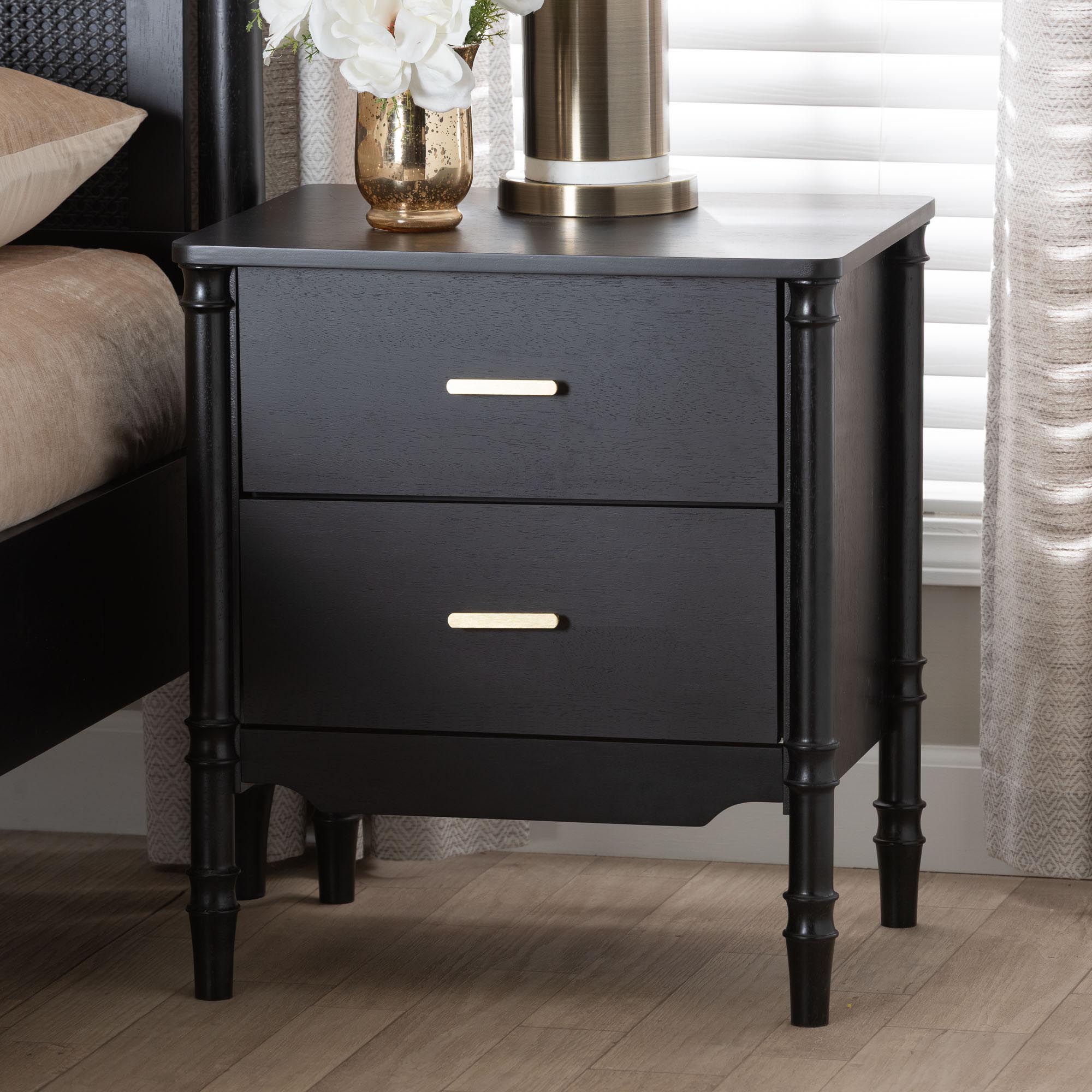 Marisela Black Wood Nightstand with Gold Handles - 2-Drawer Bedside Table with Bamboo-Inspired Legs